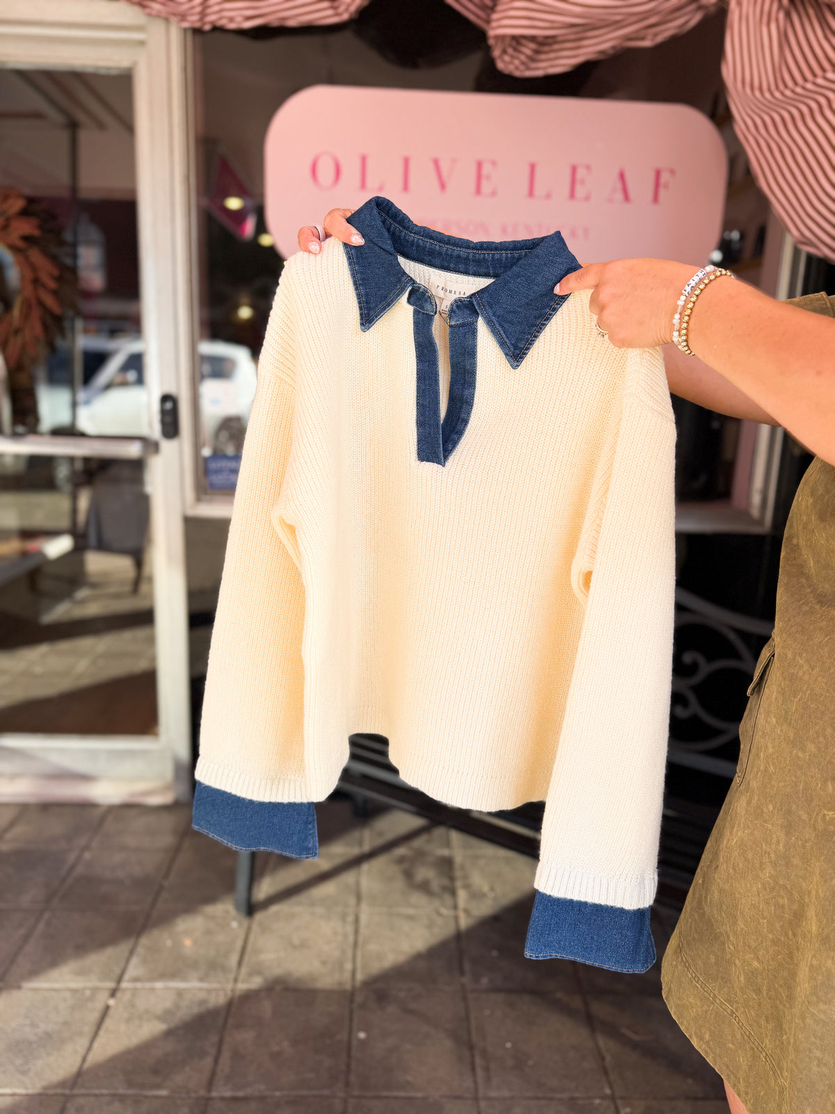 Cream Rib Knit Denim Top