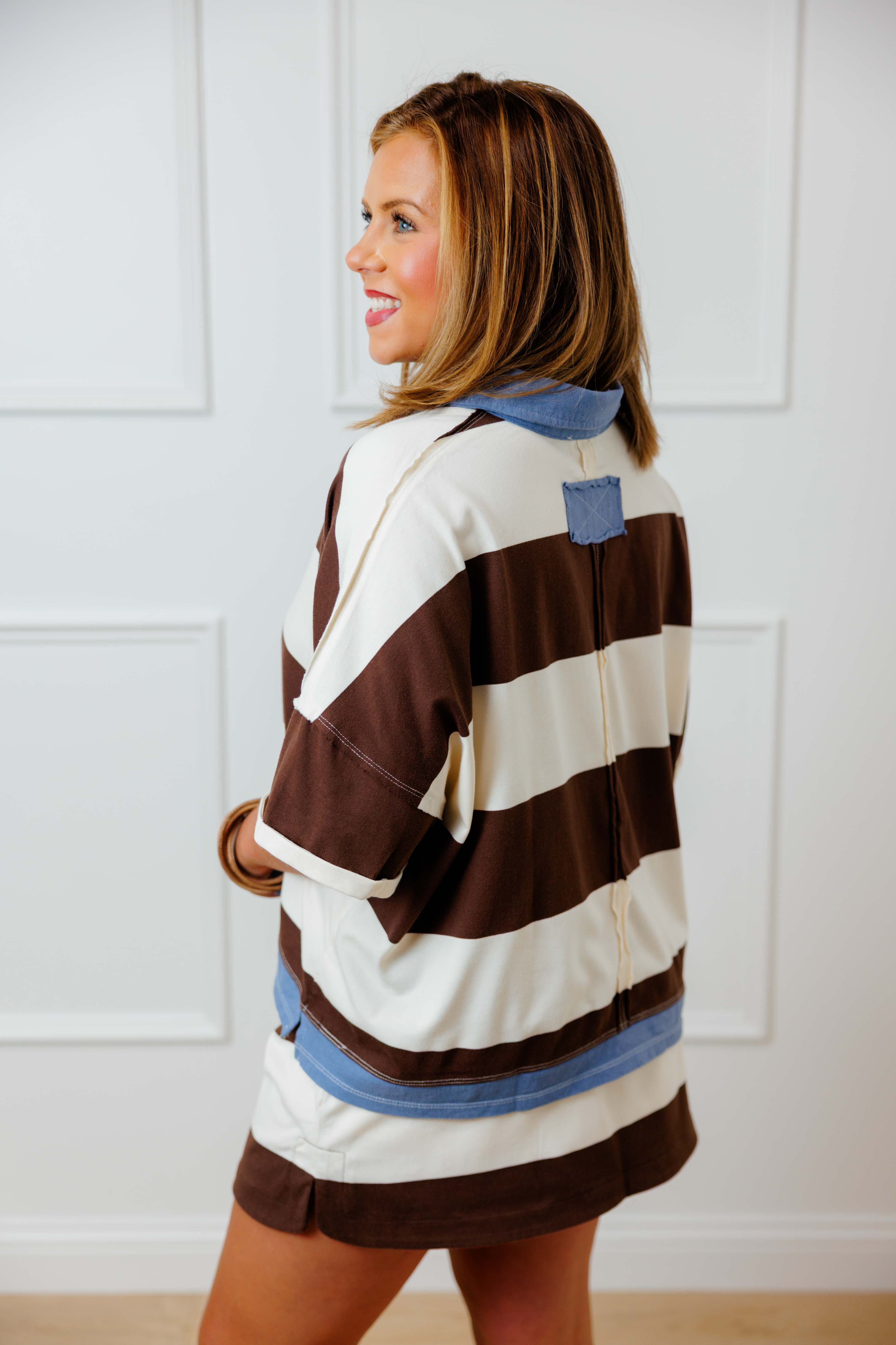 Brown Washed Stripe Polo Top