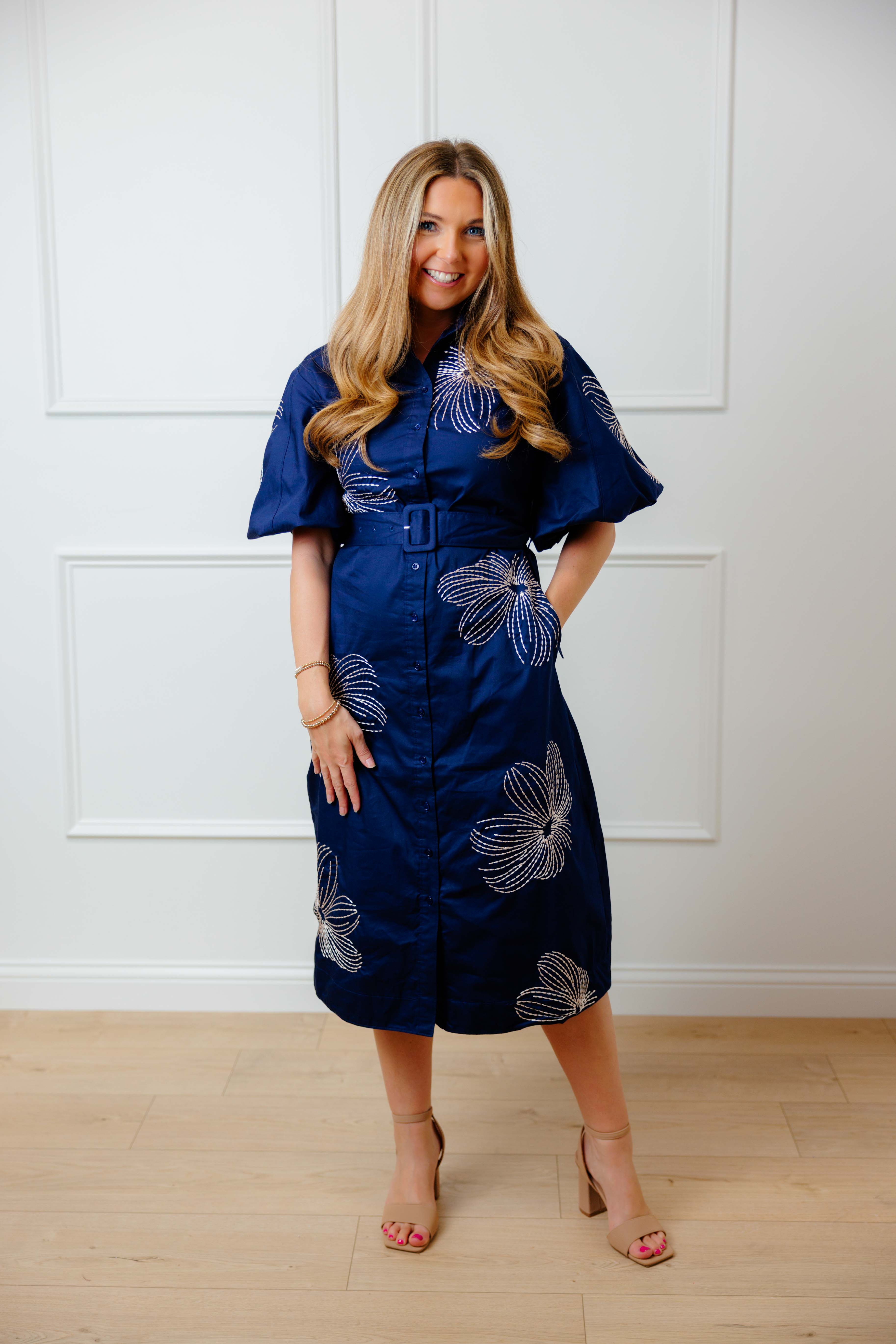 Navy Stitched Floral Belted Dress