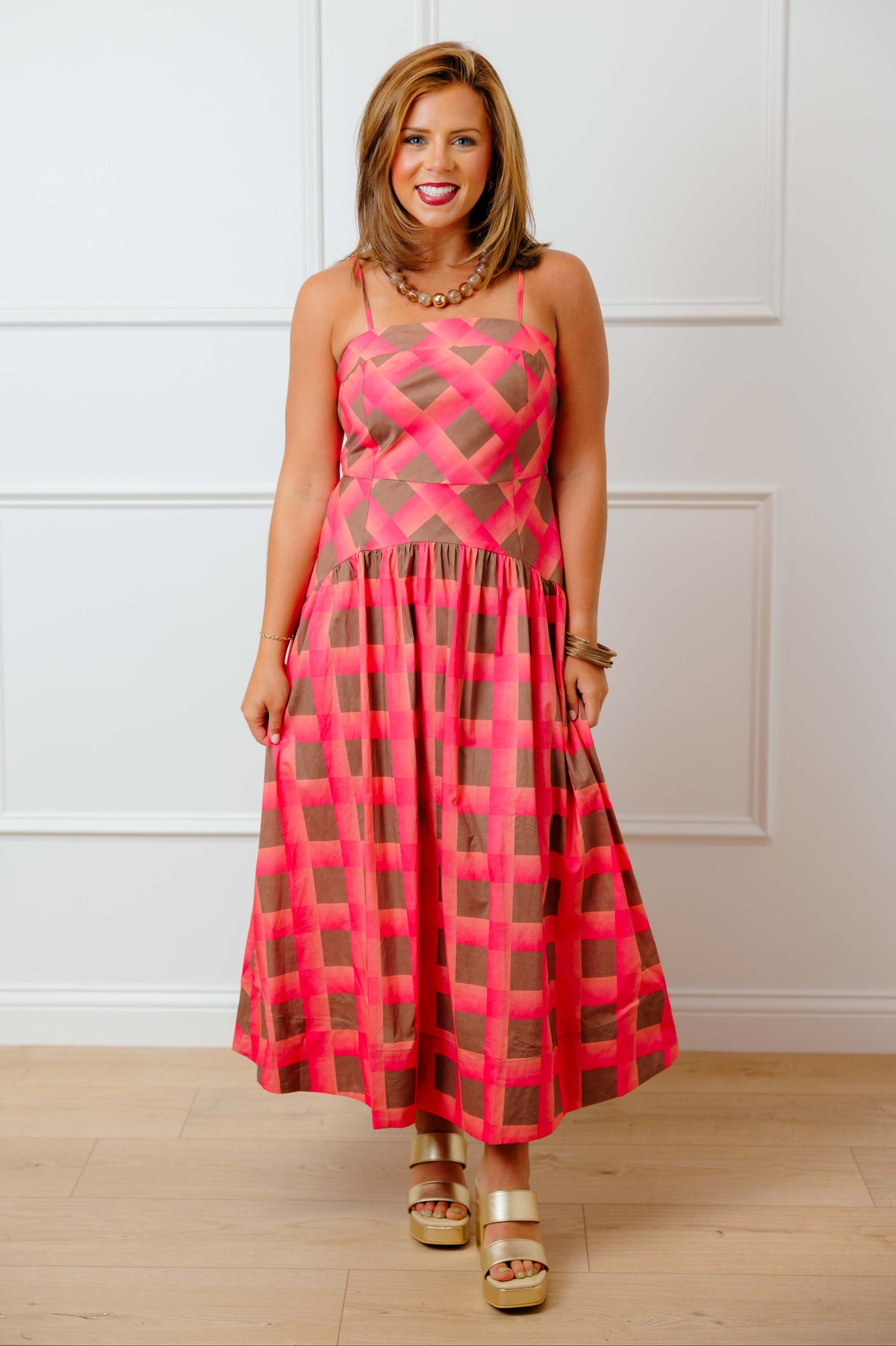 Coral Plaid Midi Dress