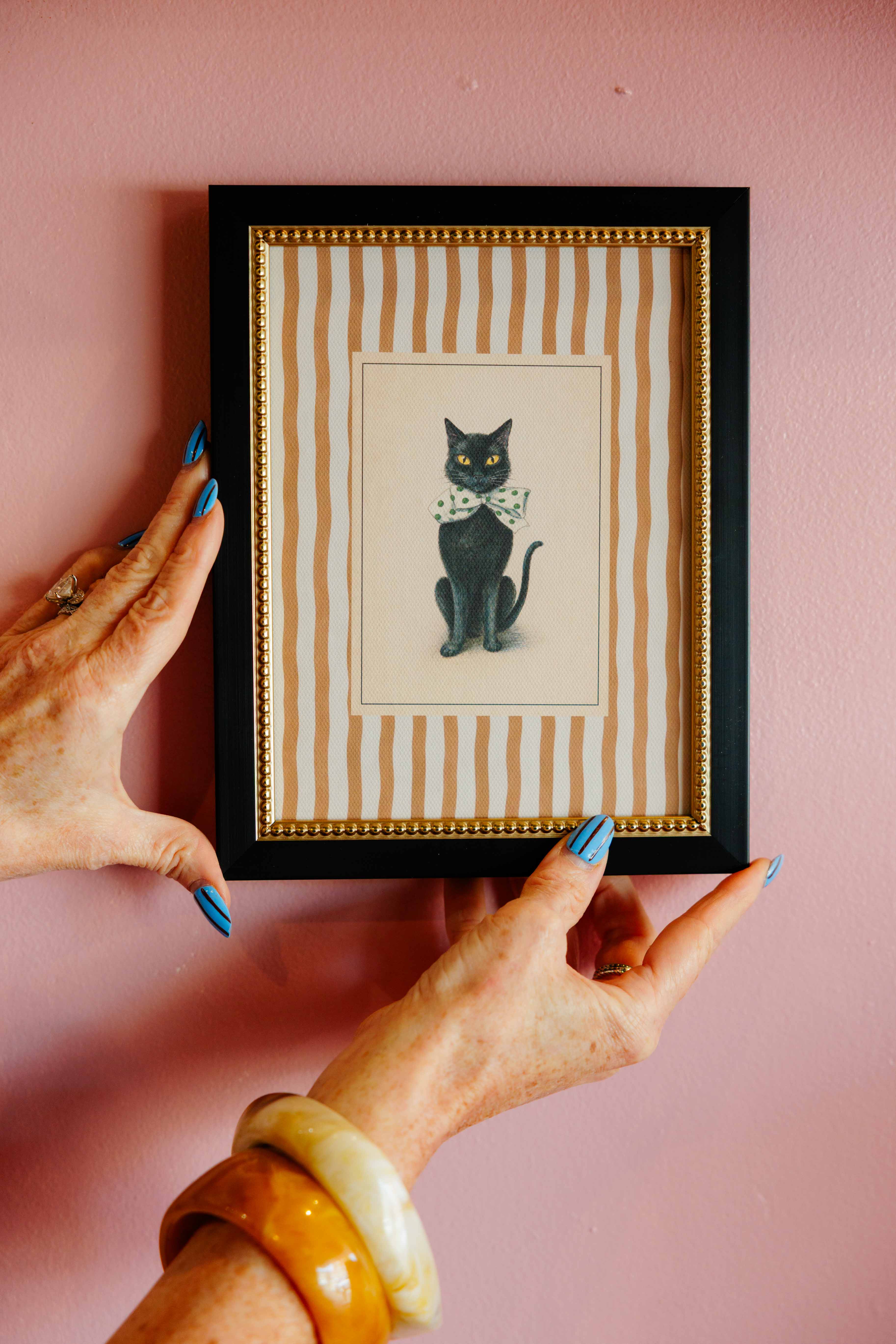 Black Cat On Stripes Framed Art