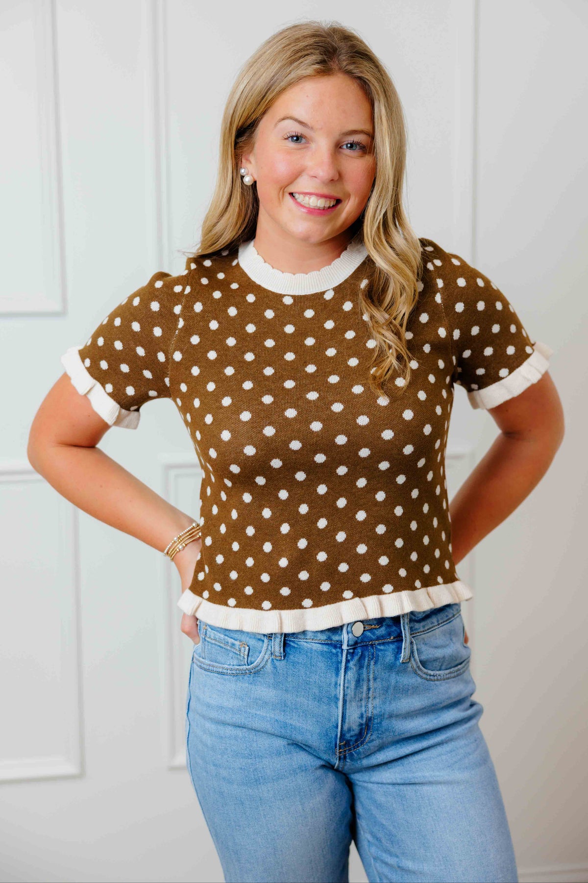 Brown Polka Dot Knit Top