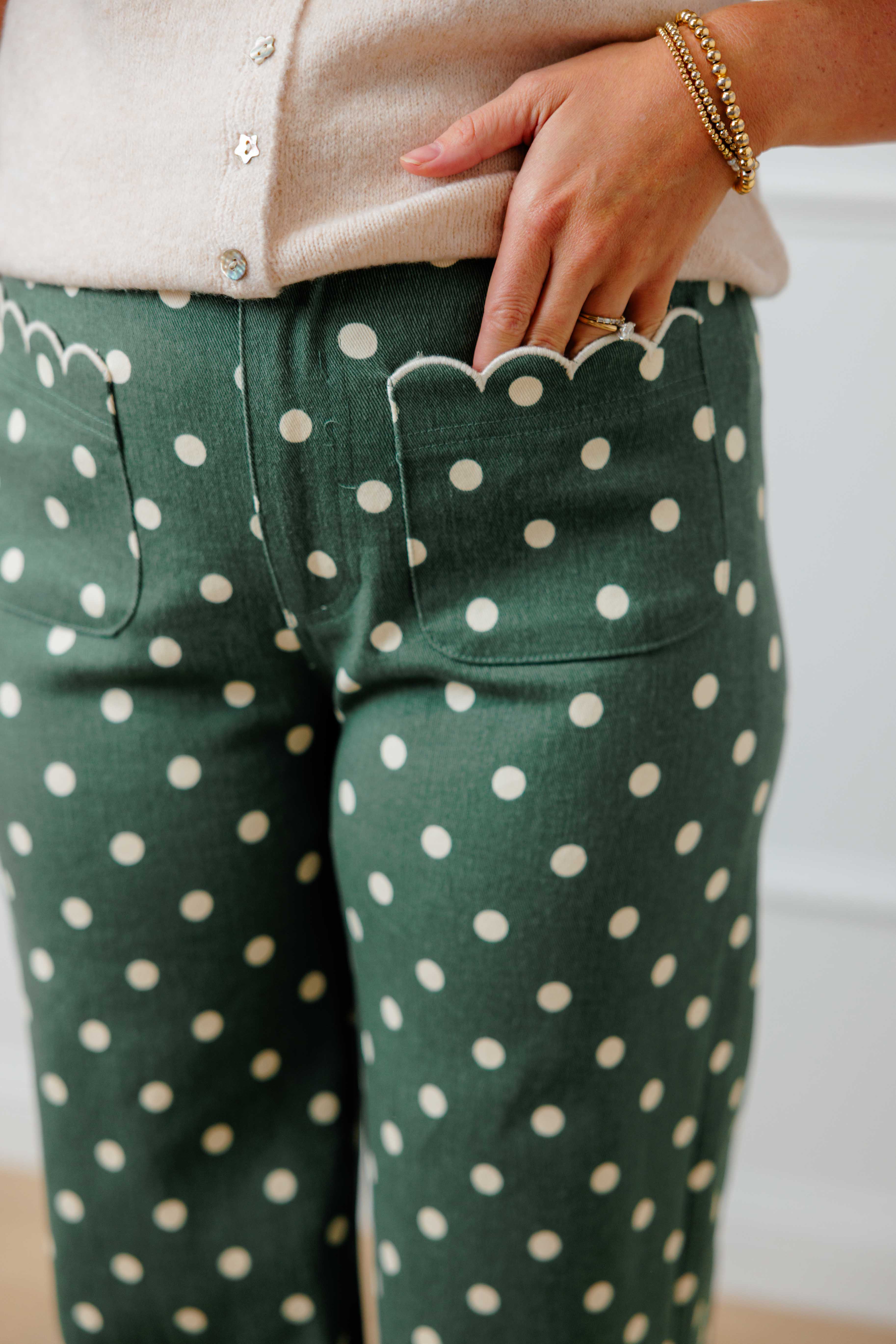 Olive Dot Scallop Pants