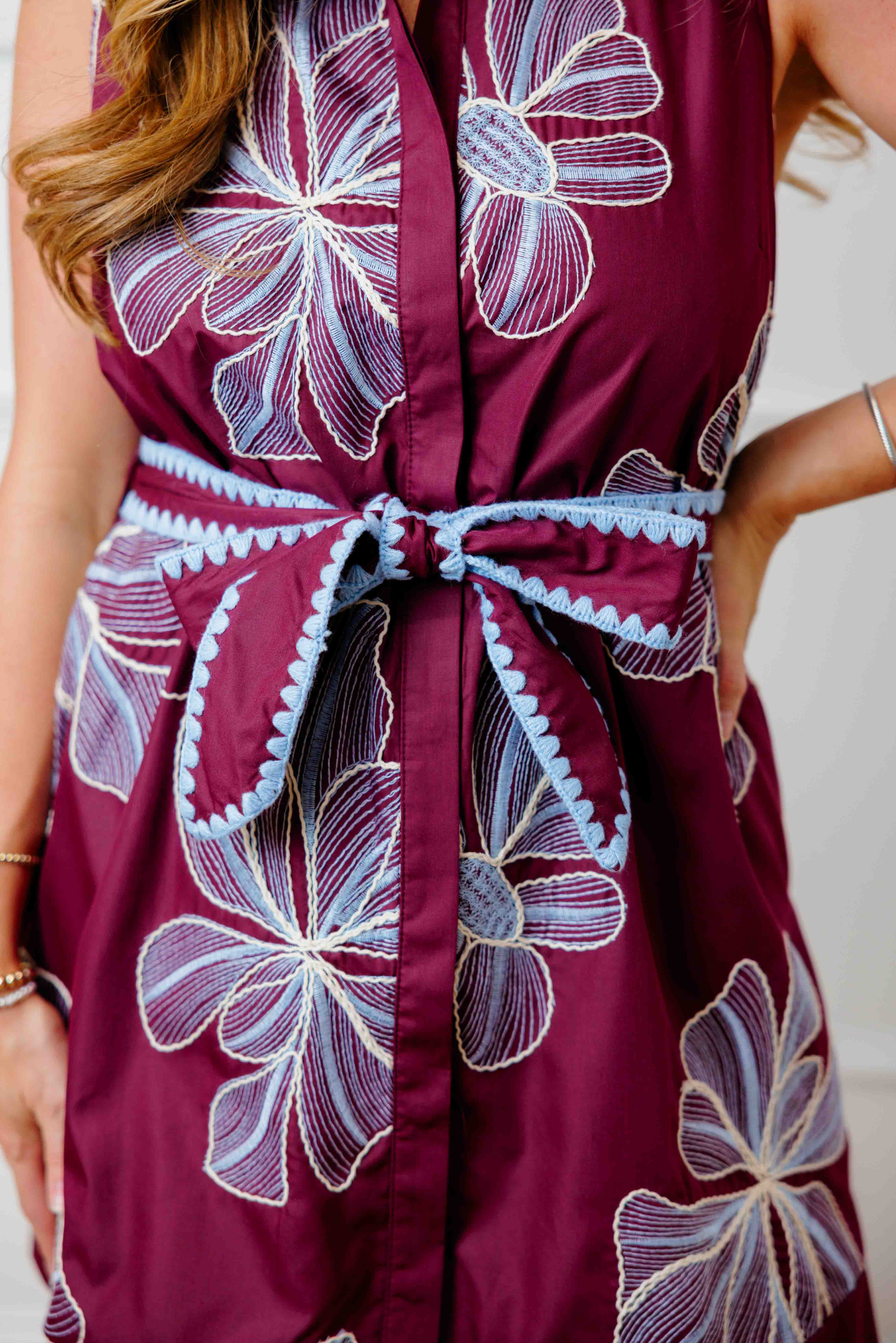Wine Floral Embroidered Dress