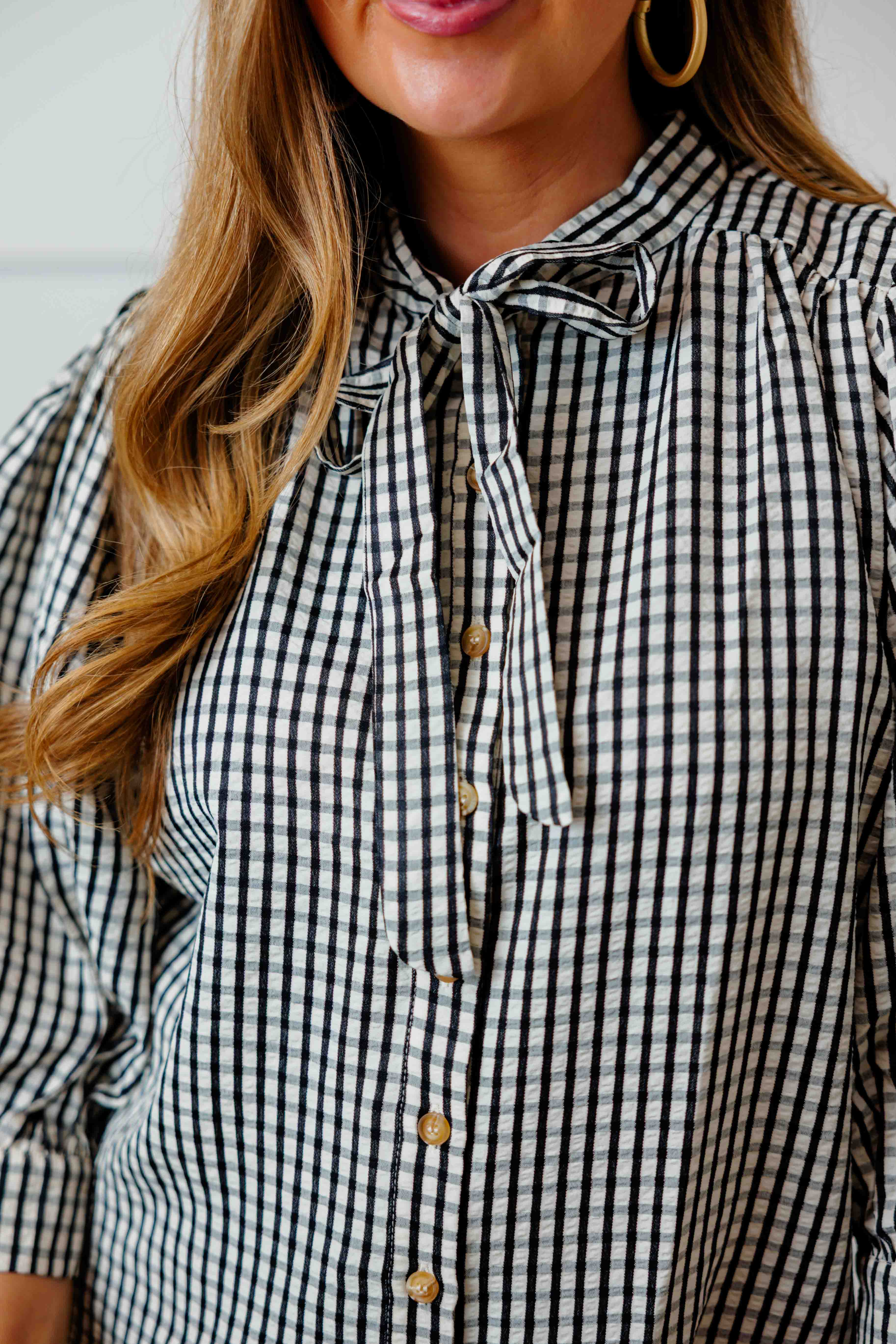 Black Gingham Button Up Top