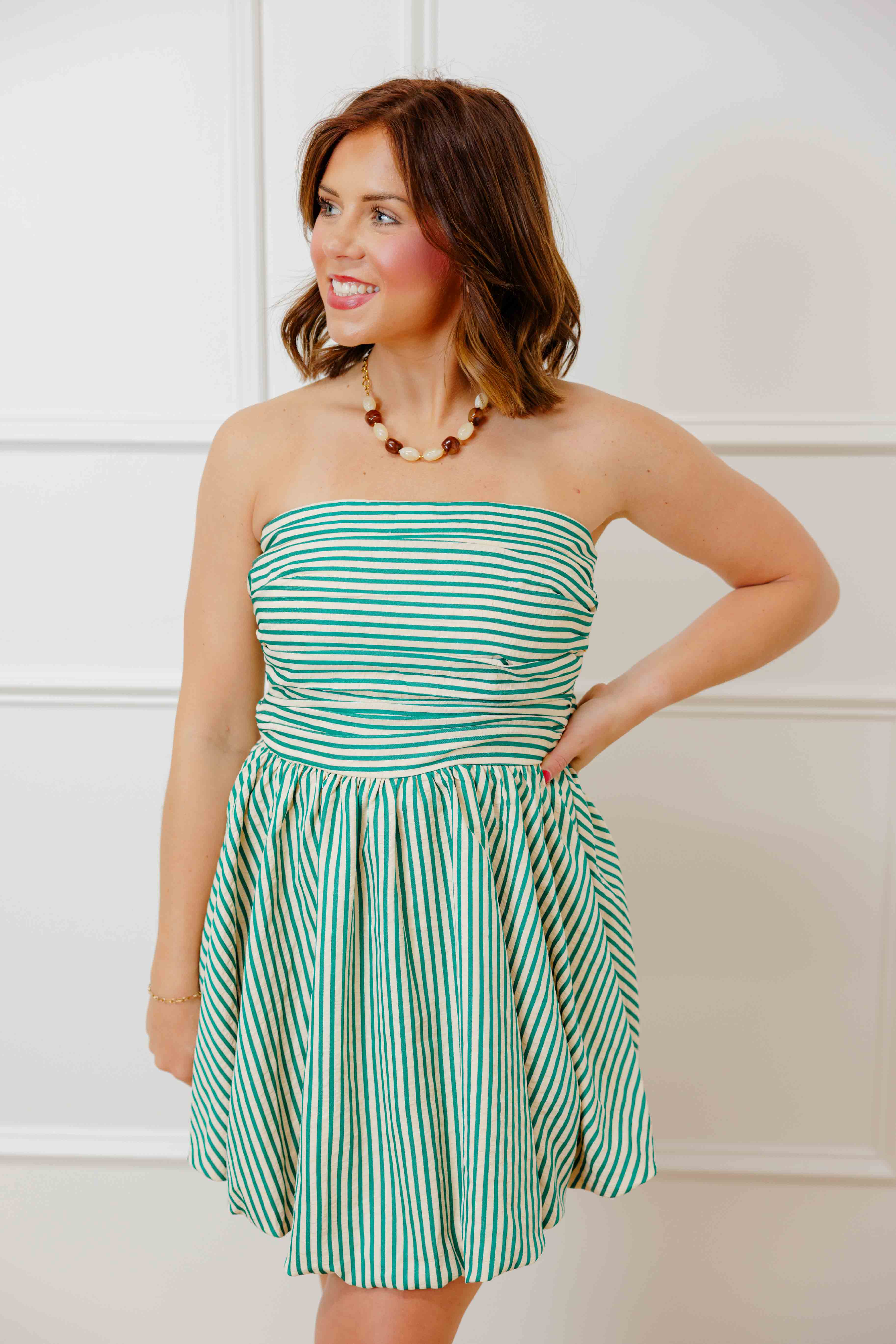 Green Striped Strapless Dress