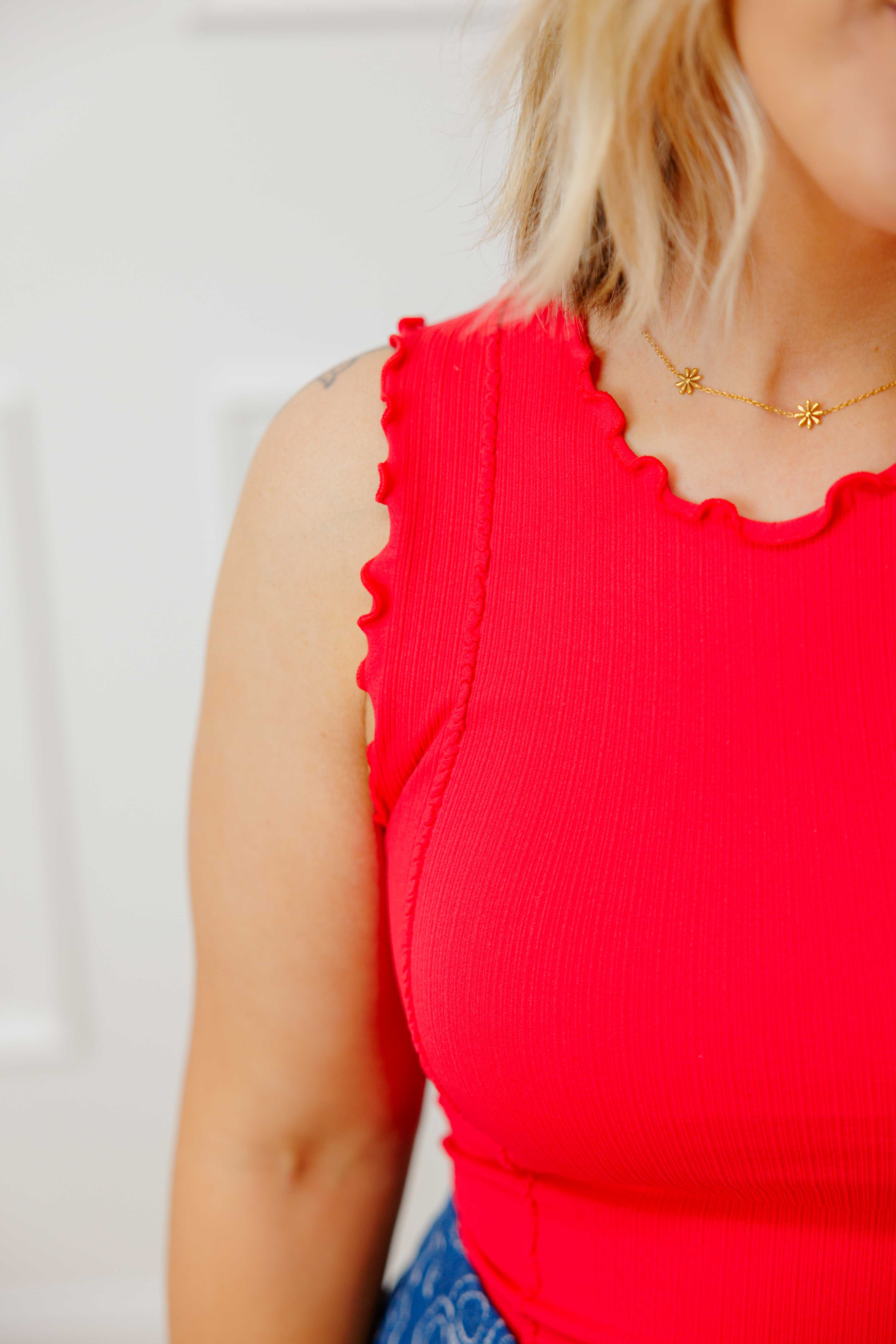 Ruffle Trim Ribbed Tank