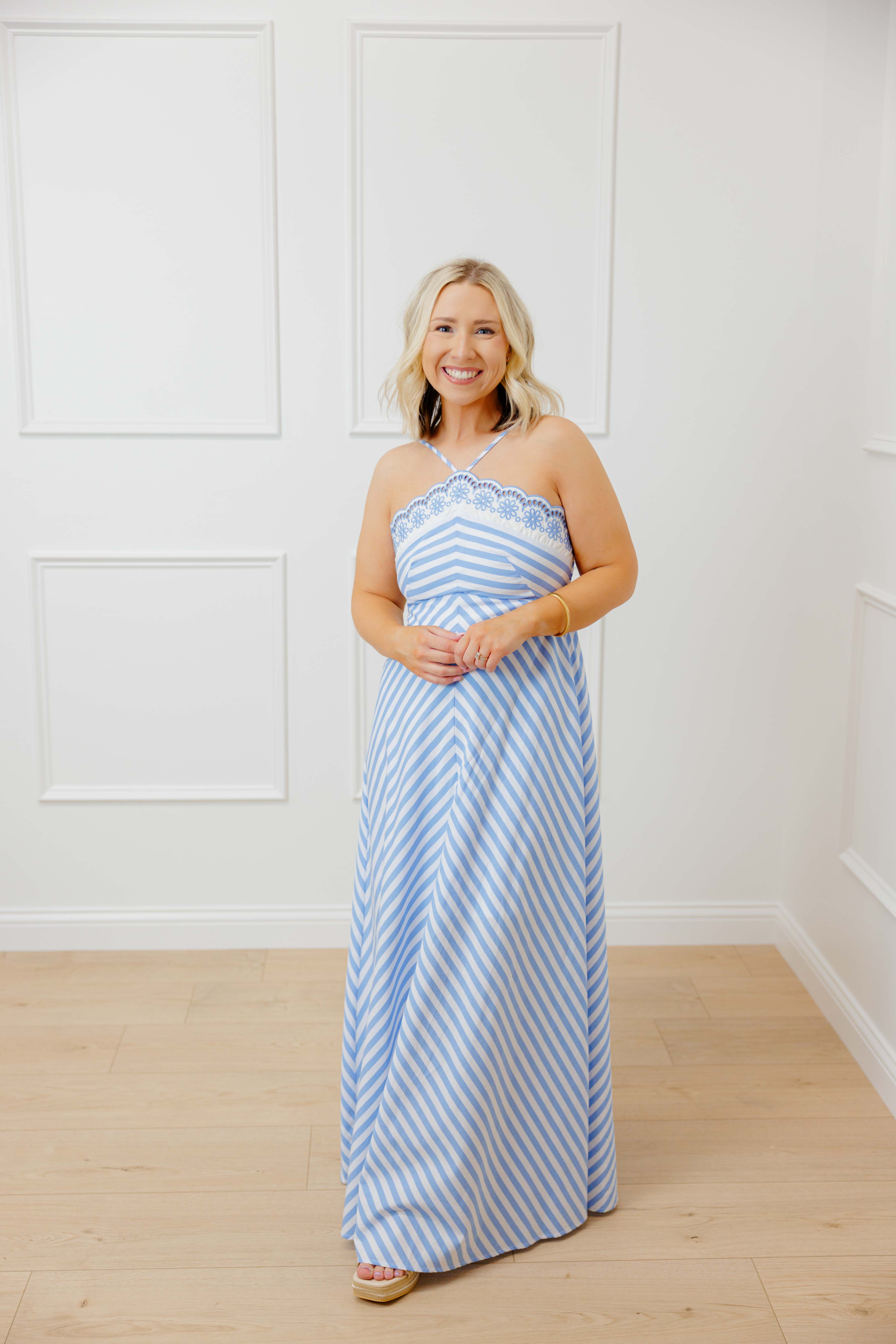 Light Blue Striped Halter Dress