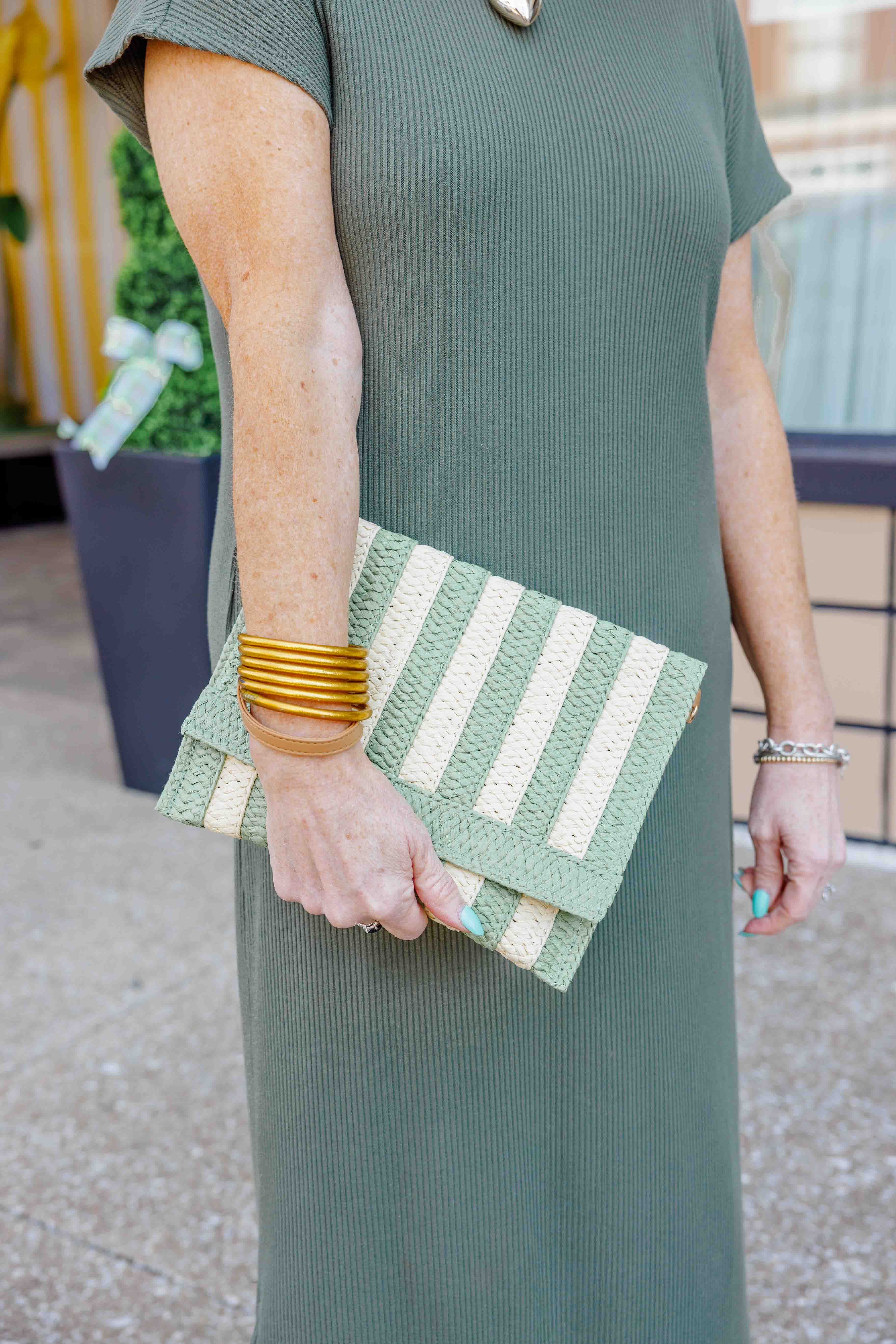 Olive Stripe Weave Clutch Bag
