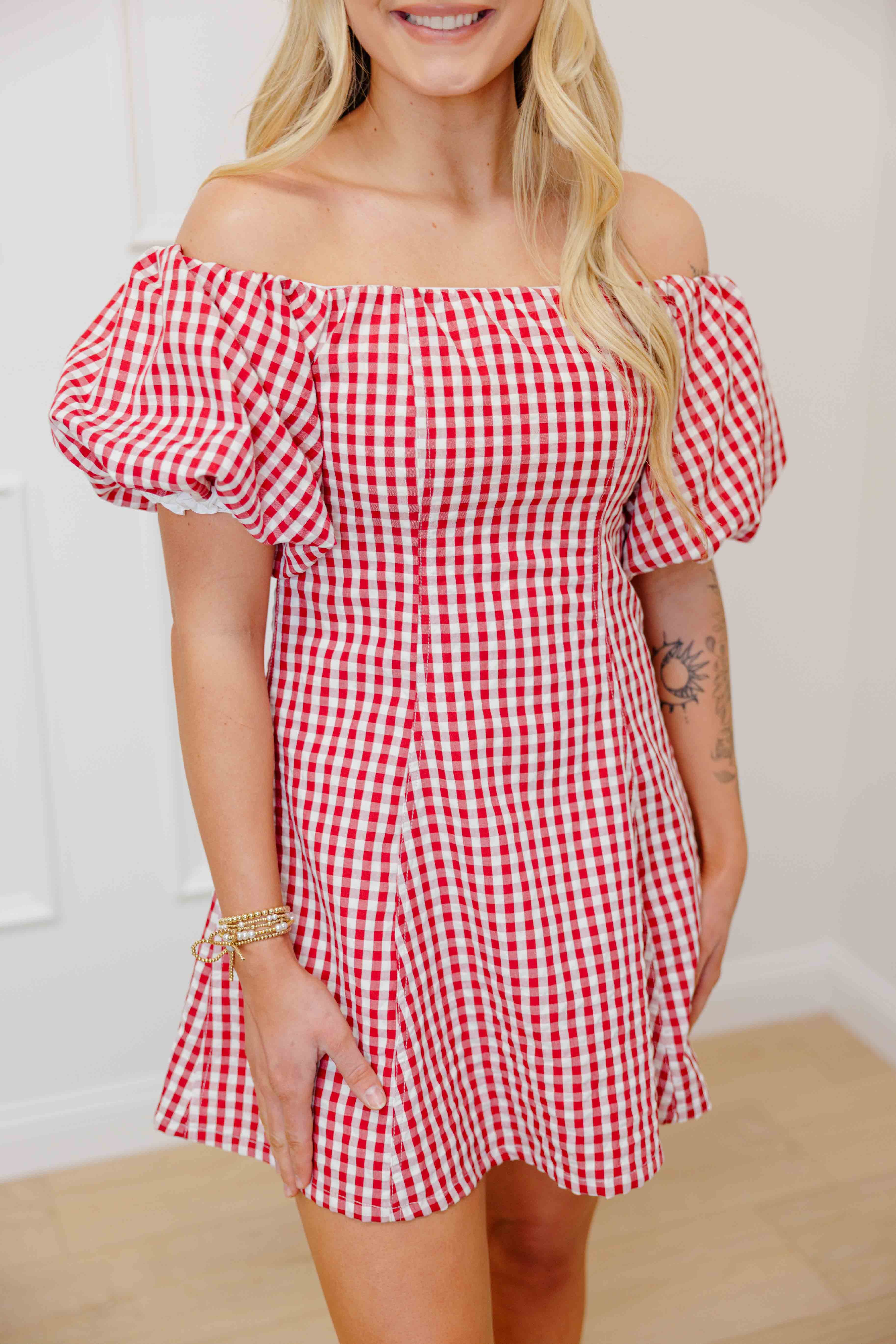 Red Gingham Off Shoulder Dress