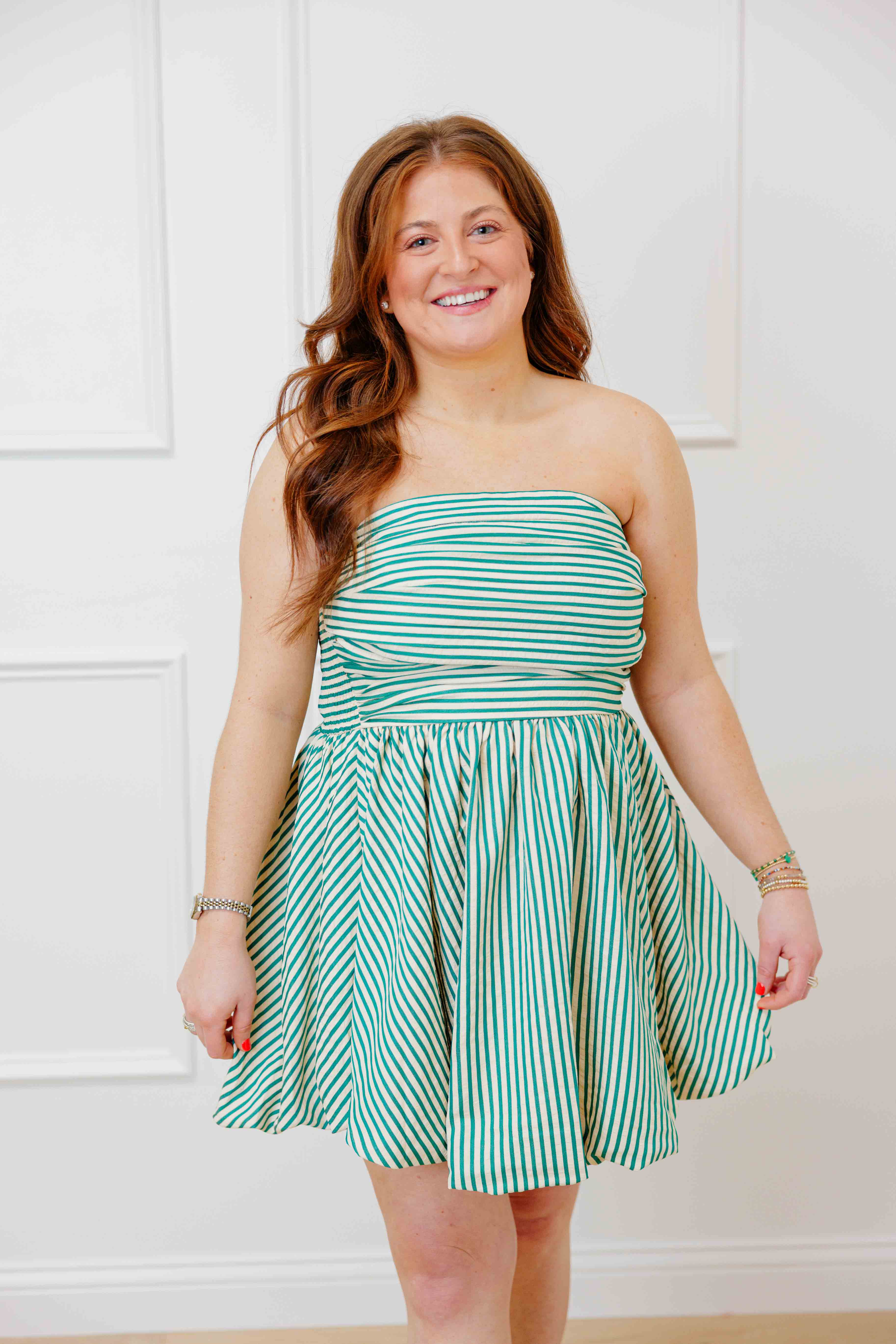Green Striped Strapless Dress