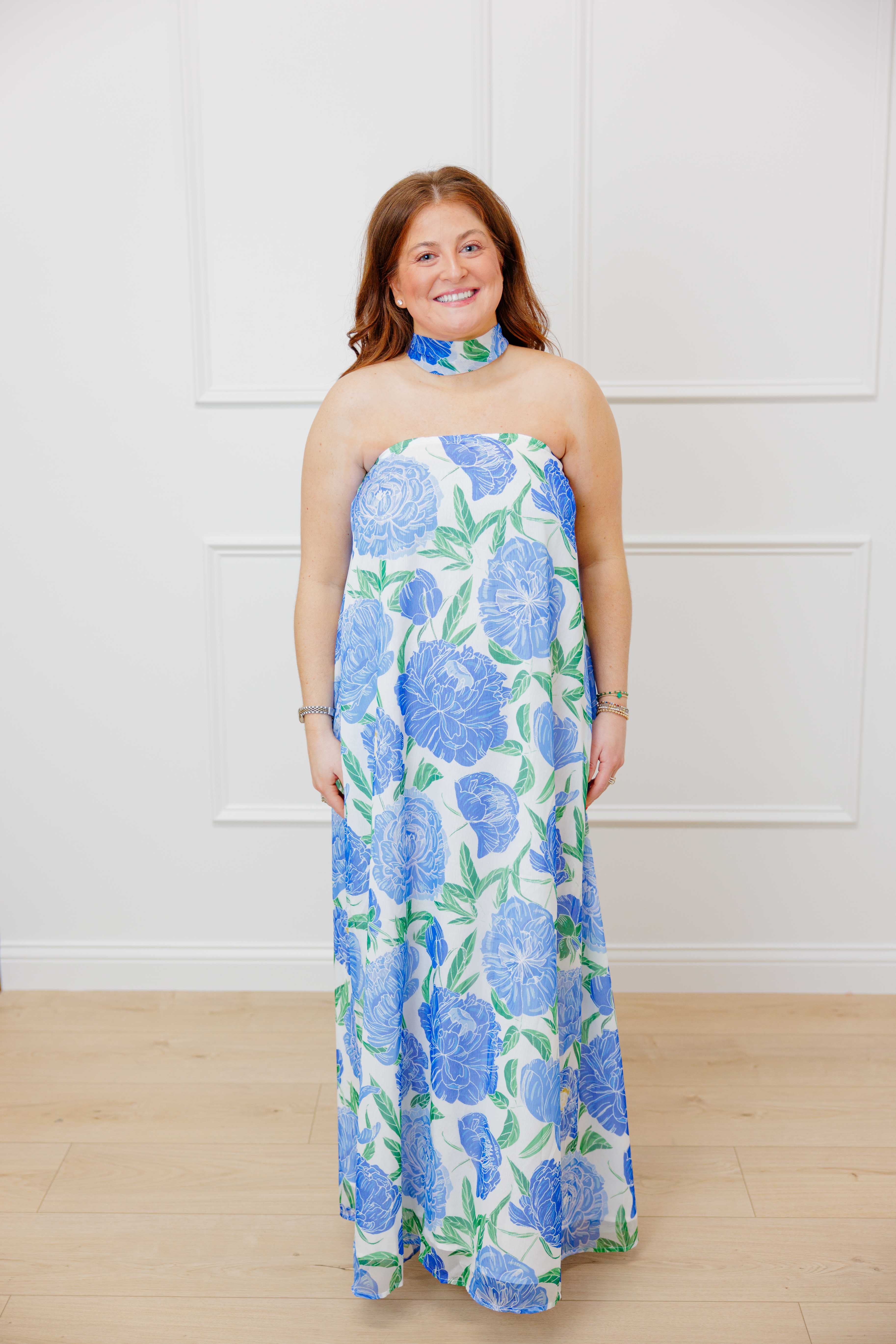 Strapless Floral Scarf Maxi Dress