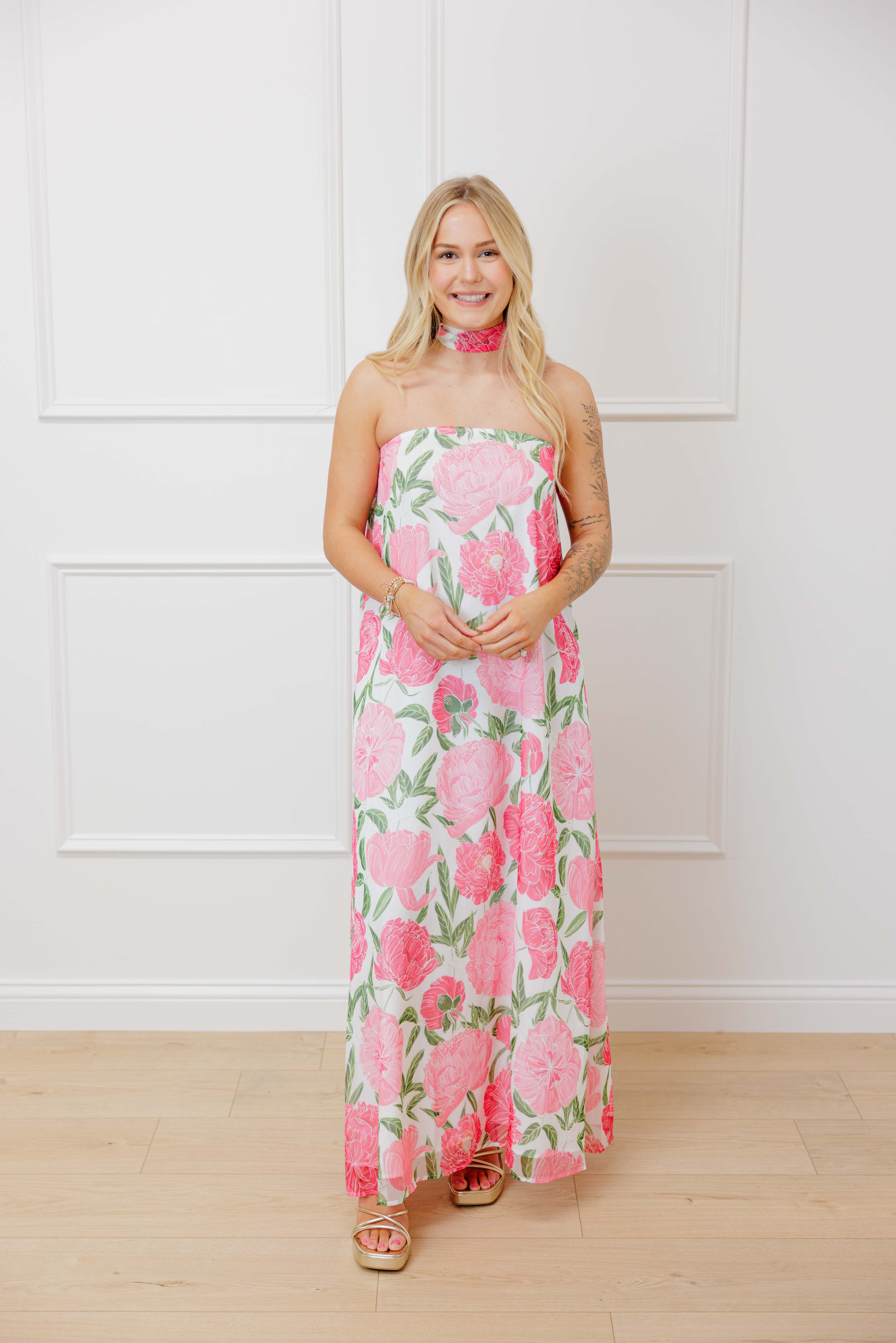 Strapless Floral Scarf Maxi Dress