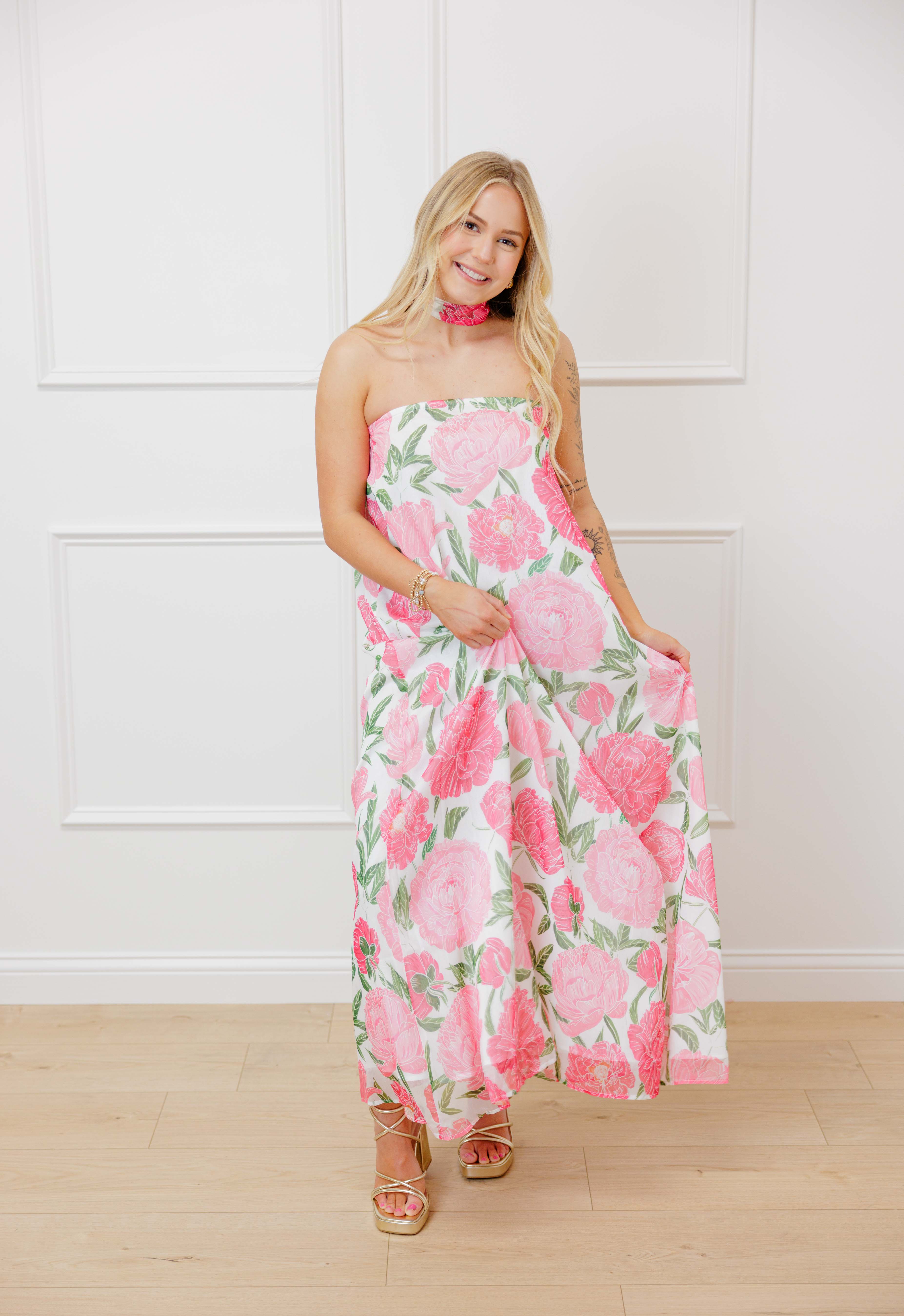 Strapless Floral Scarf Maxi Dress