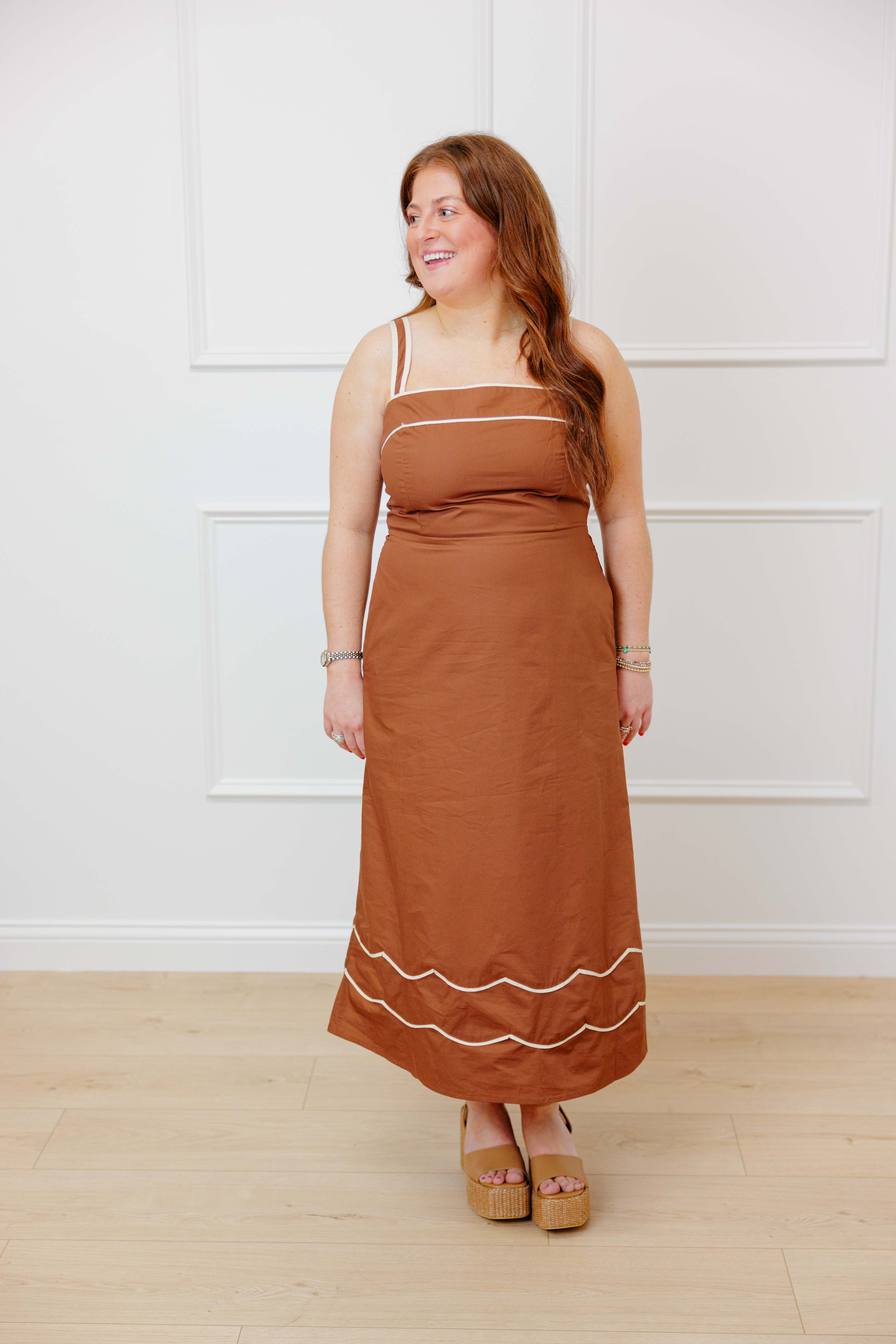 Brown Scallop Midi Dress