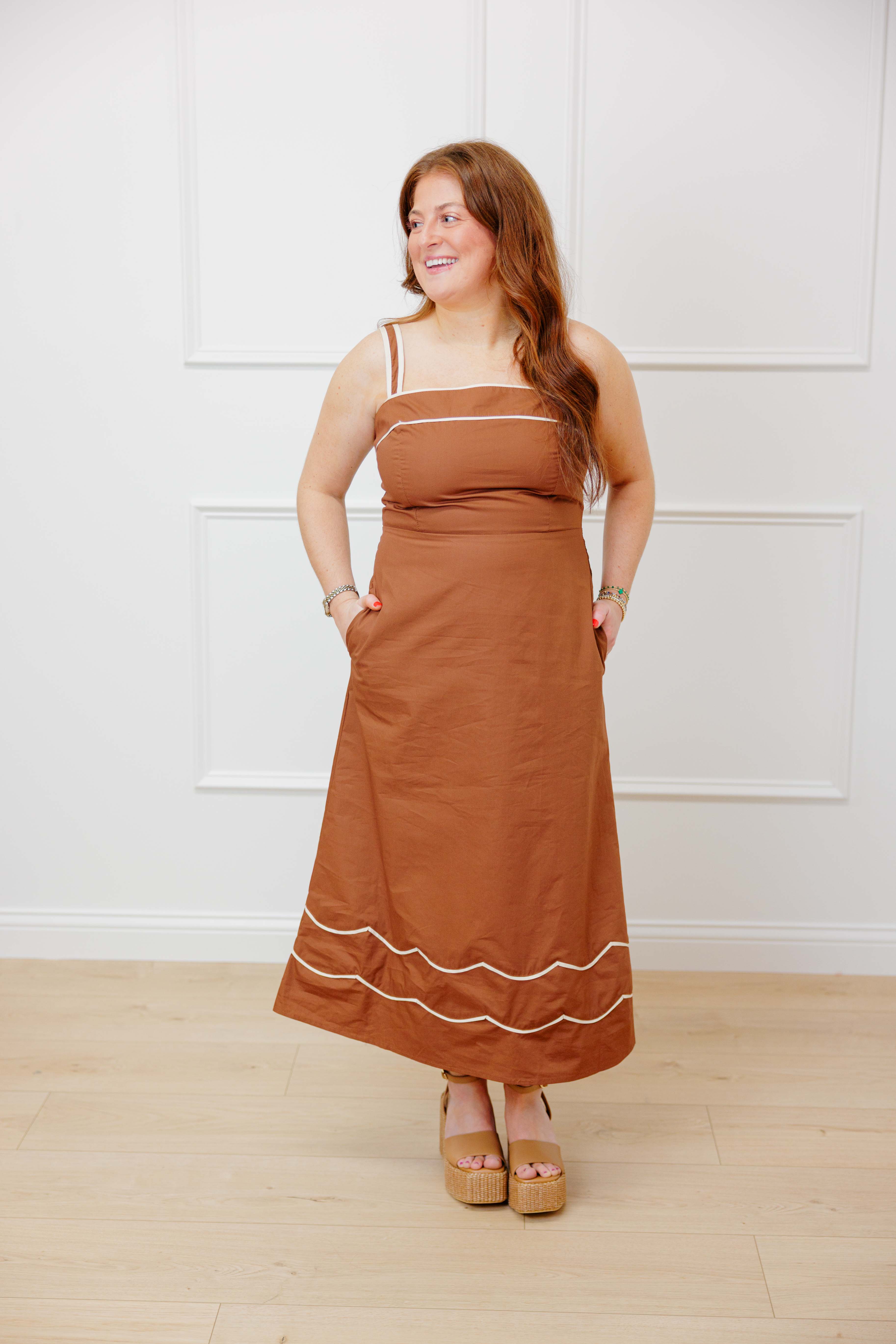 Brown Scallop Midi Dress