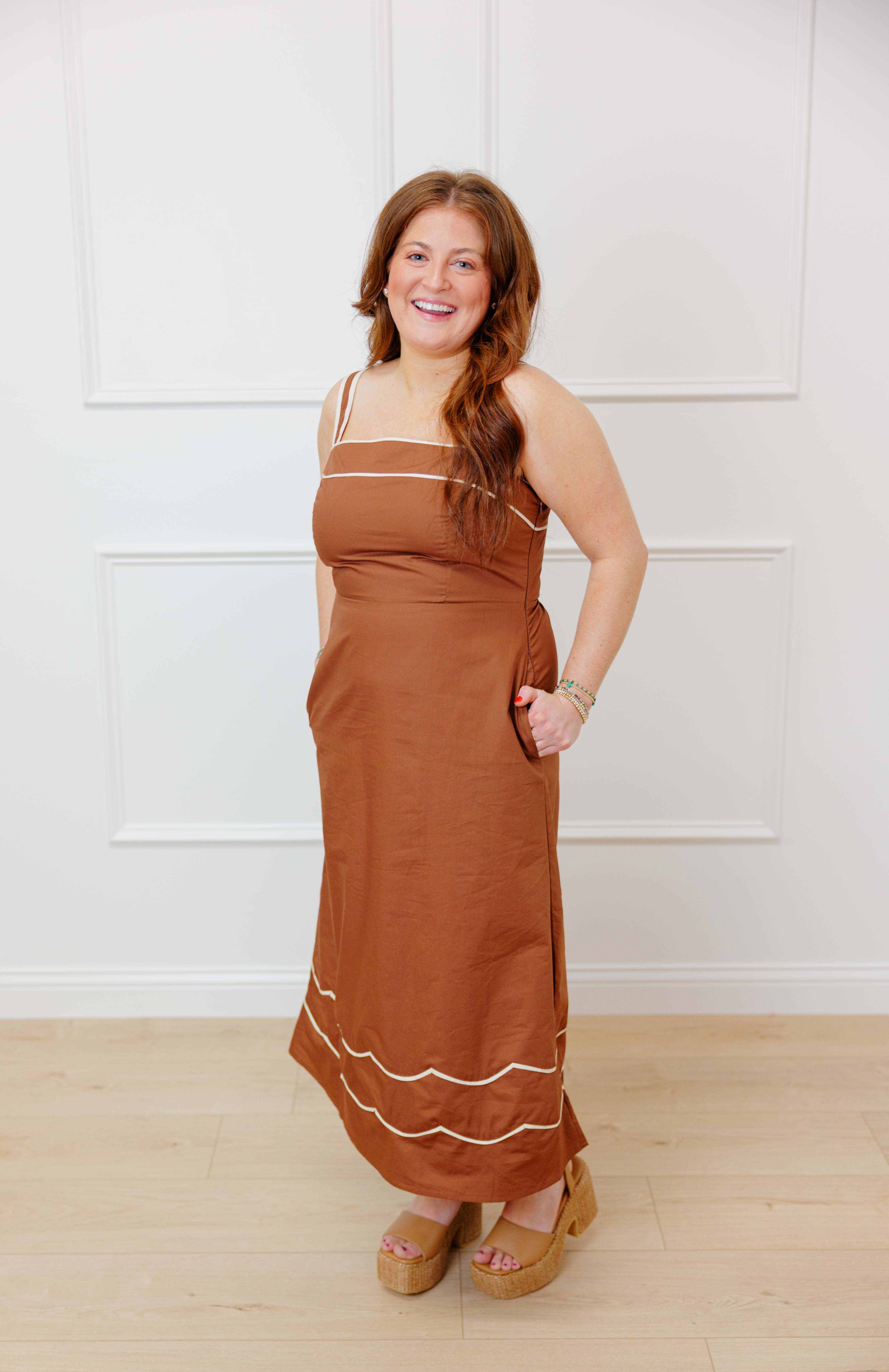 Brown Scallop Midi Dress