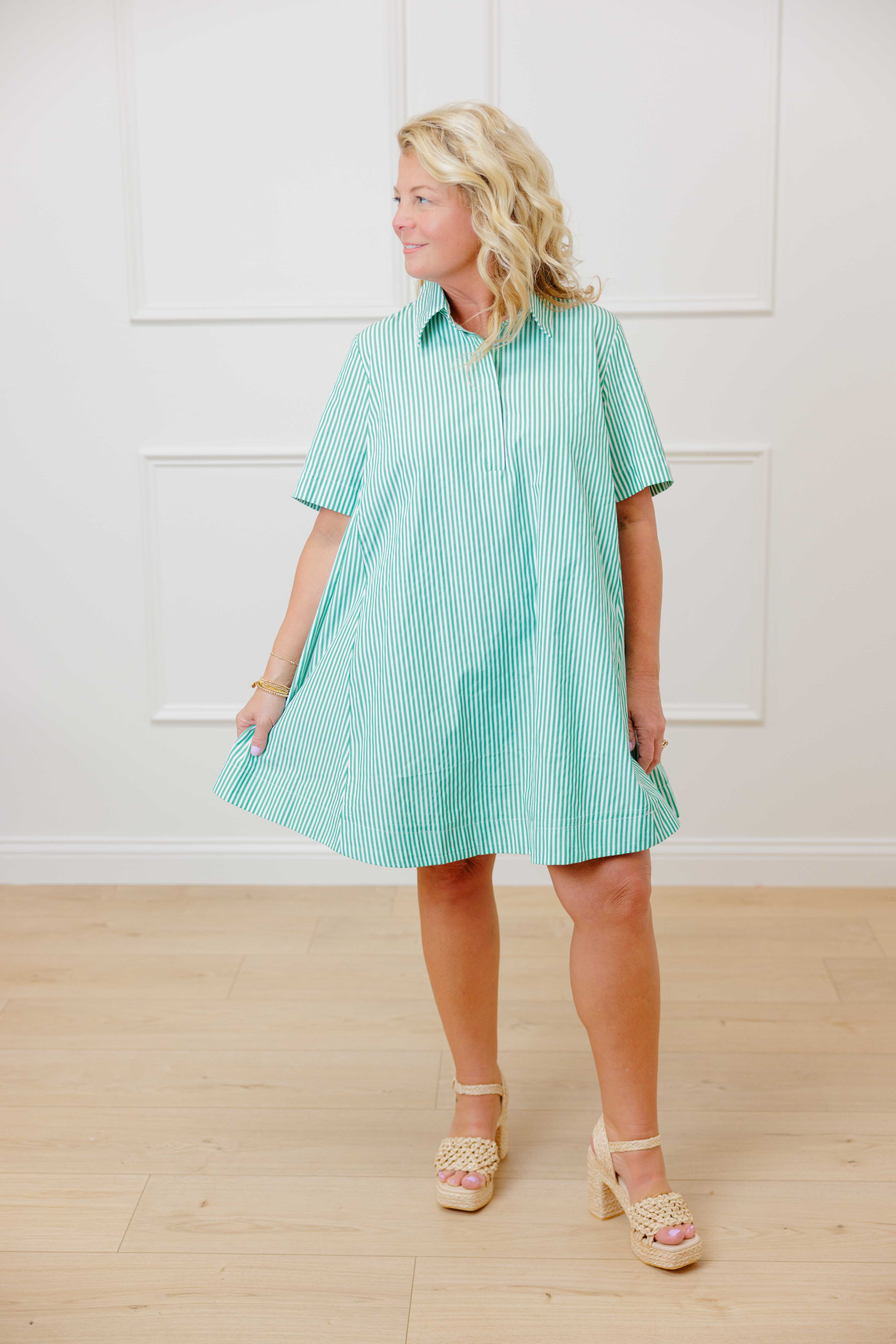 Green Striped Collared Dress