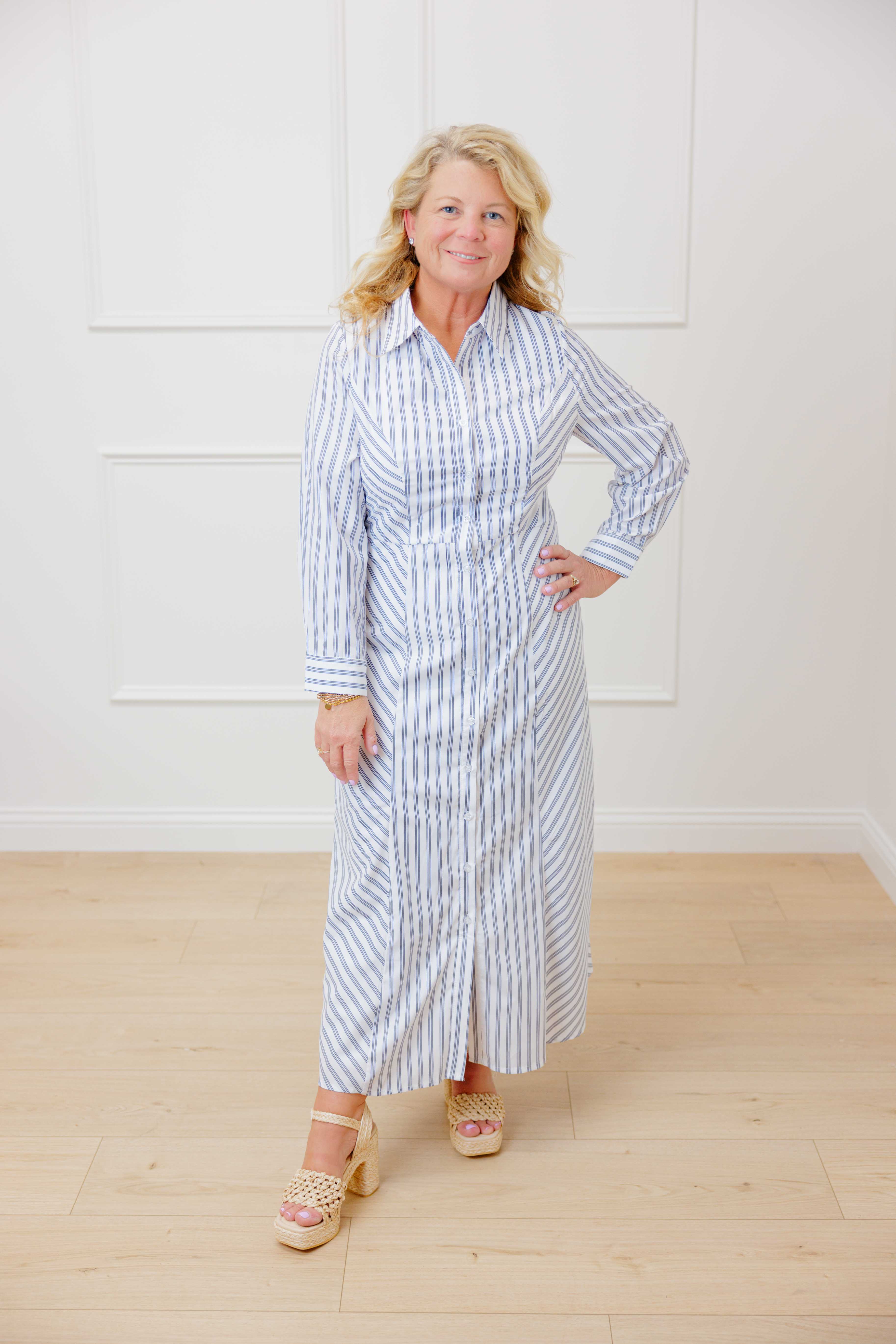 Navy Striped Button Down Dress