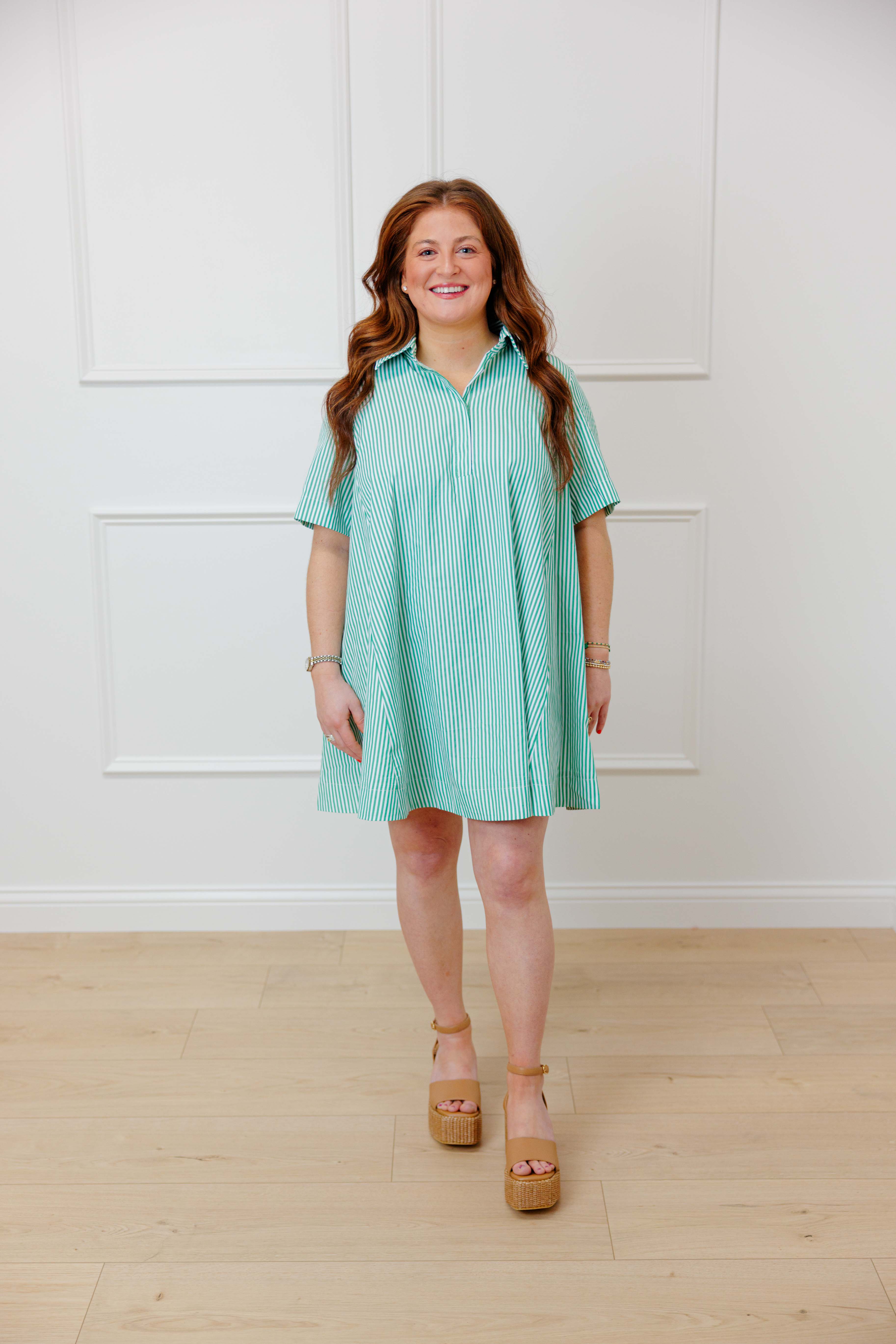 Green Striped Collared Dress