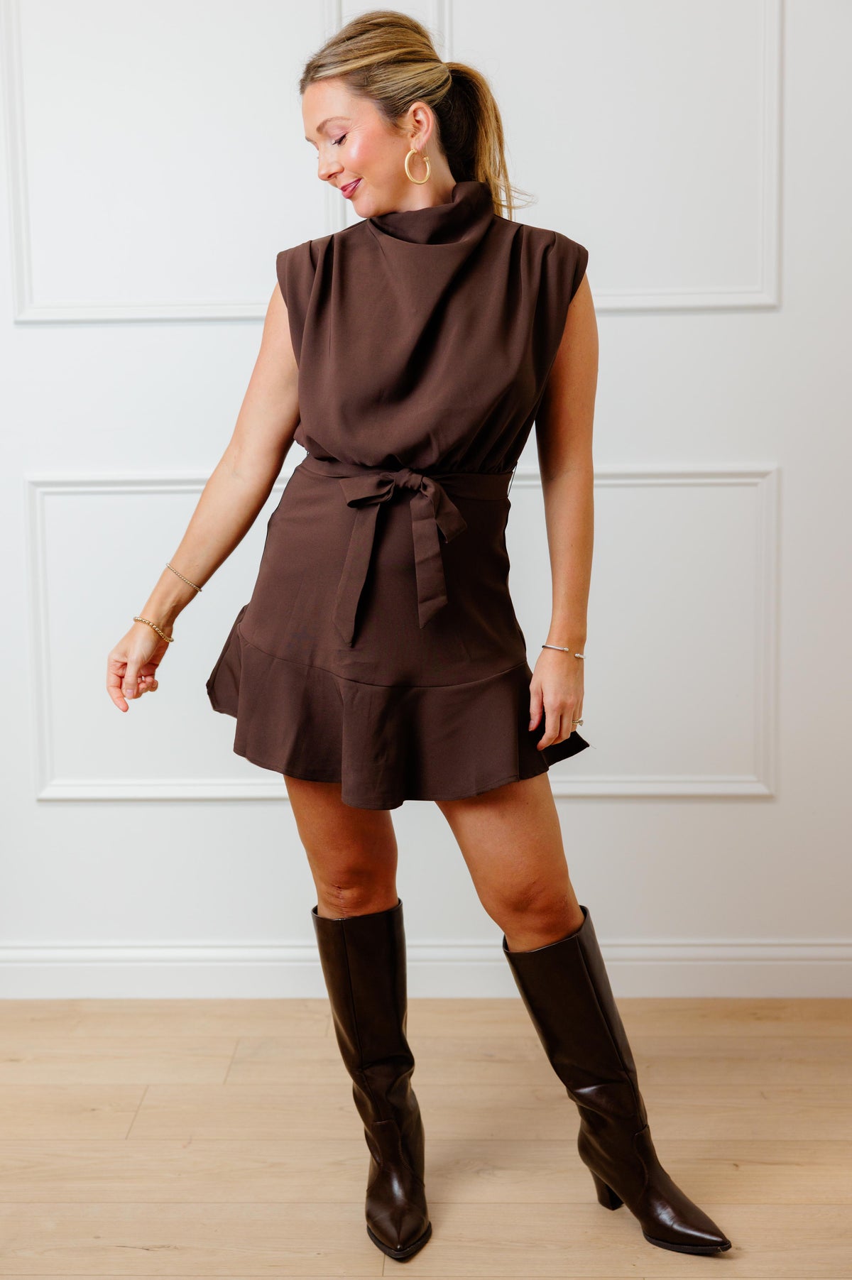 Brown Waist Tie Mini Dress