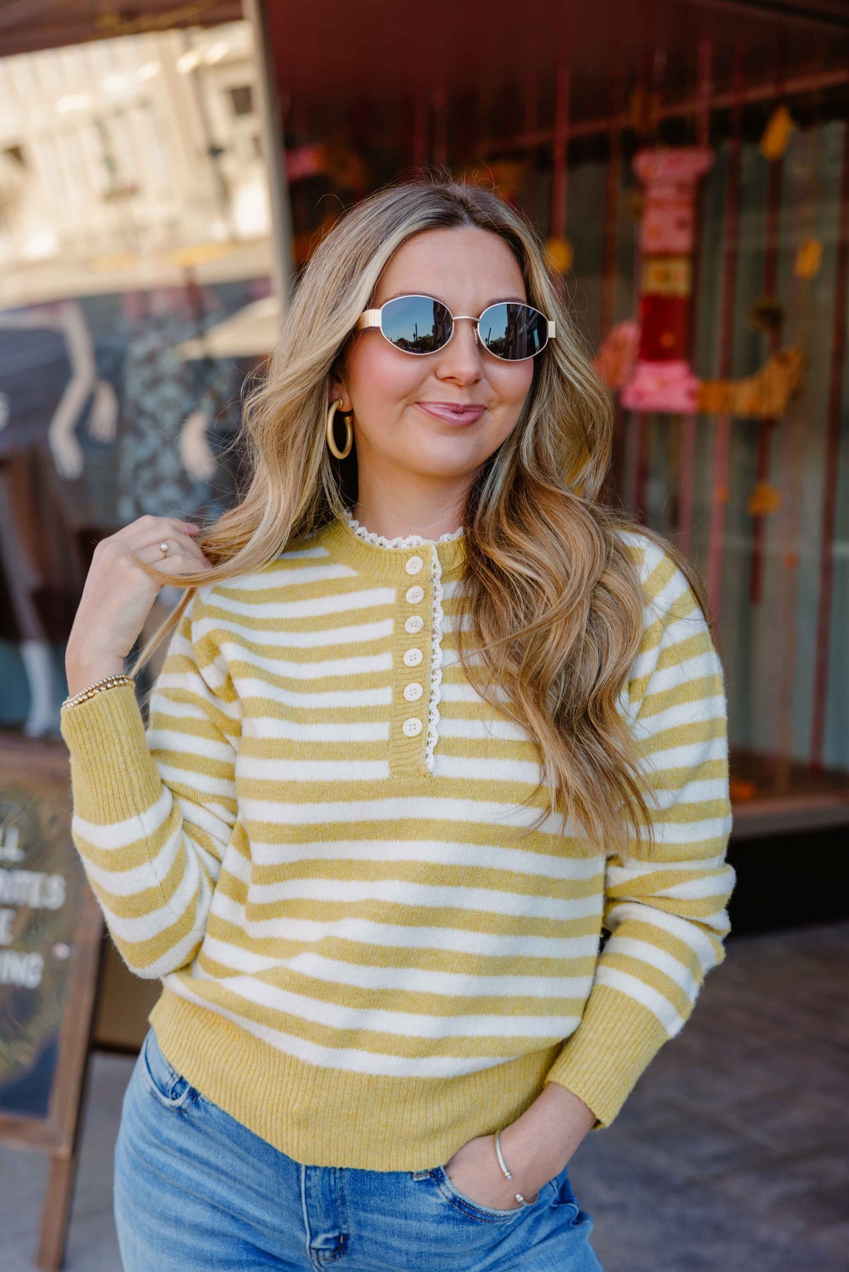 Mustard Striped Henley Sweater