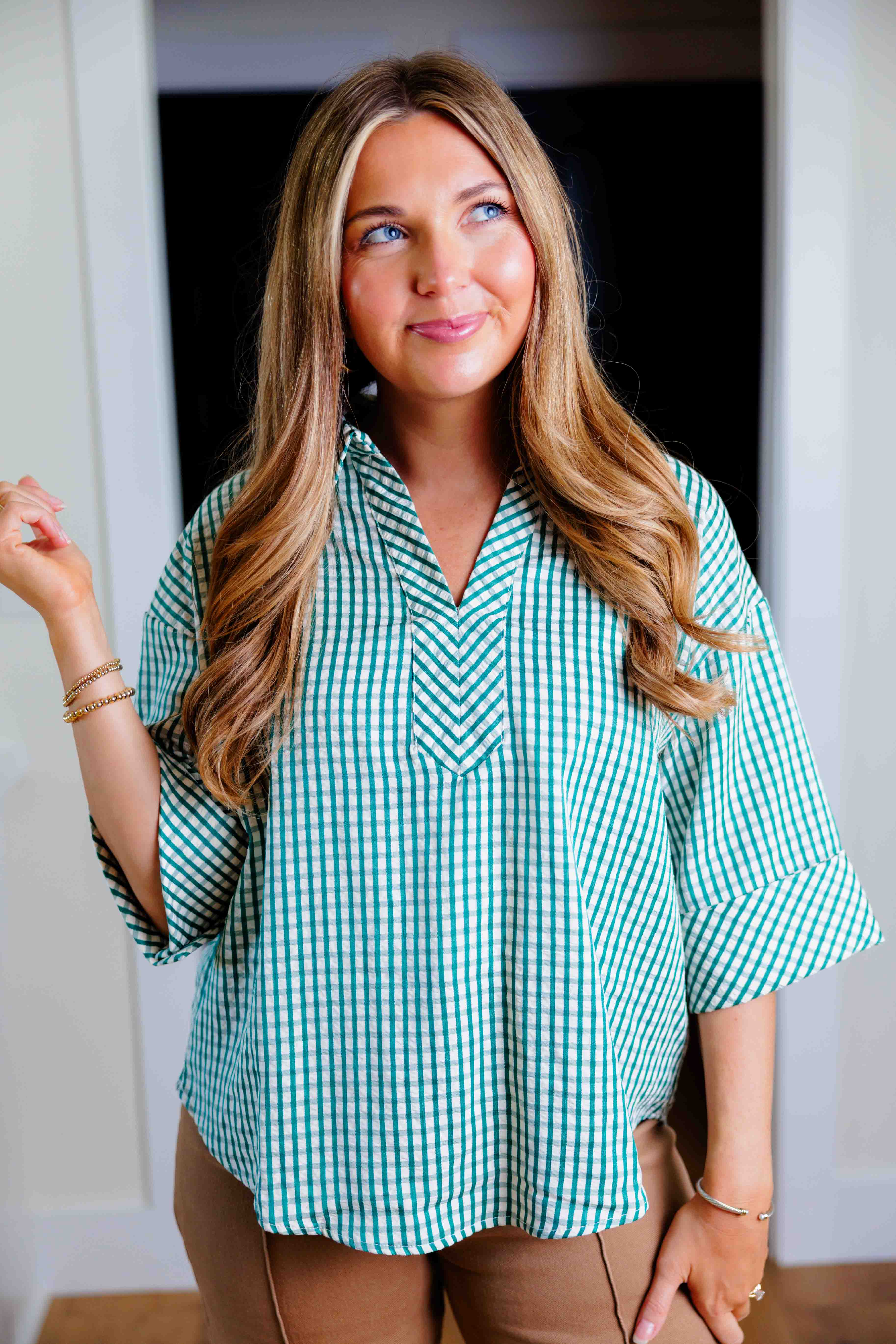 Green Gingham V-Neck Blouse