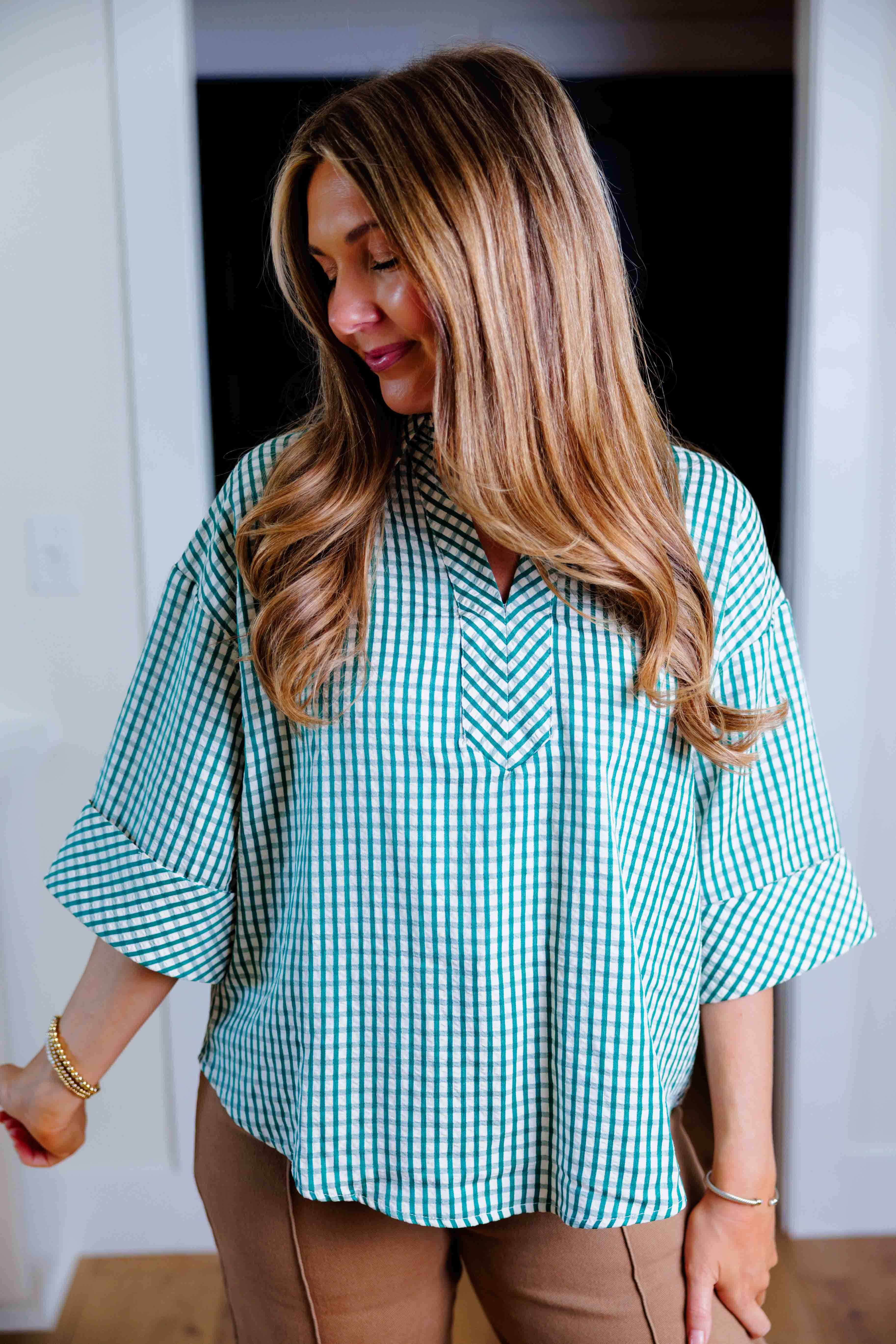 Green Gingham V-Neck Blouse