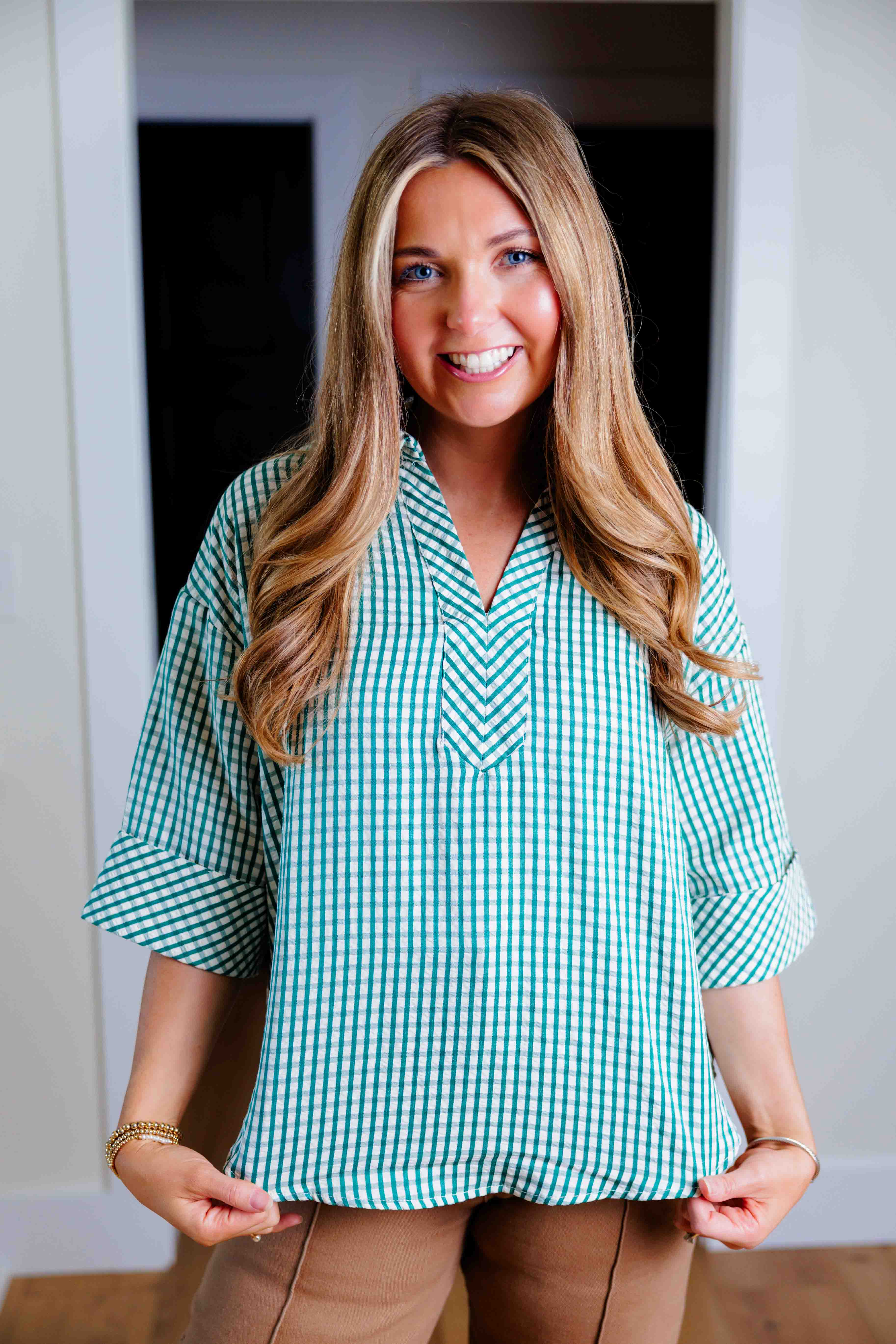 Green Gingham V-Neck Blouse