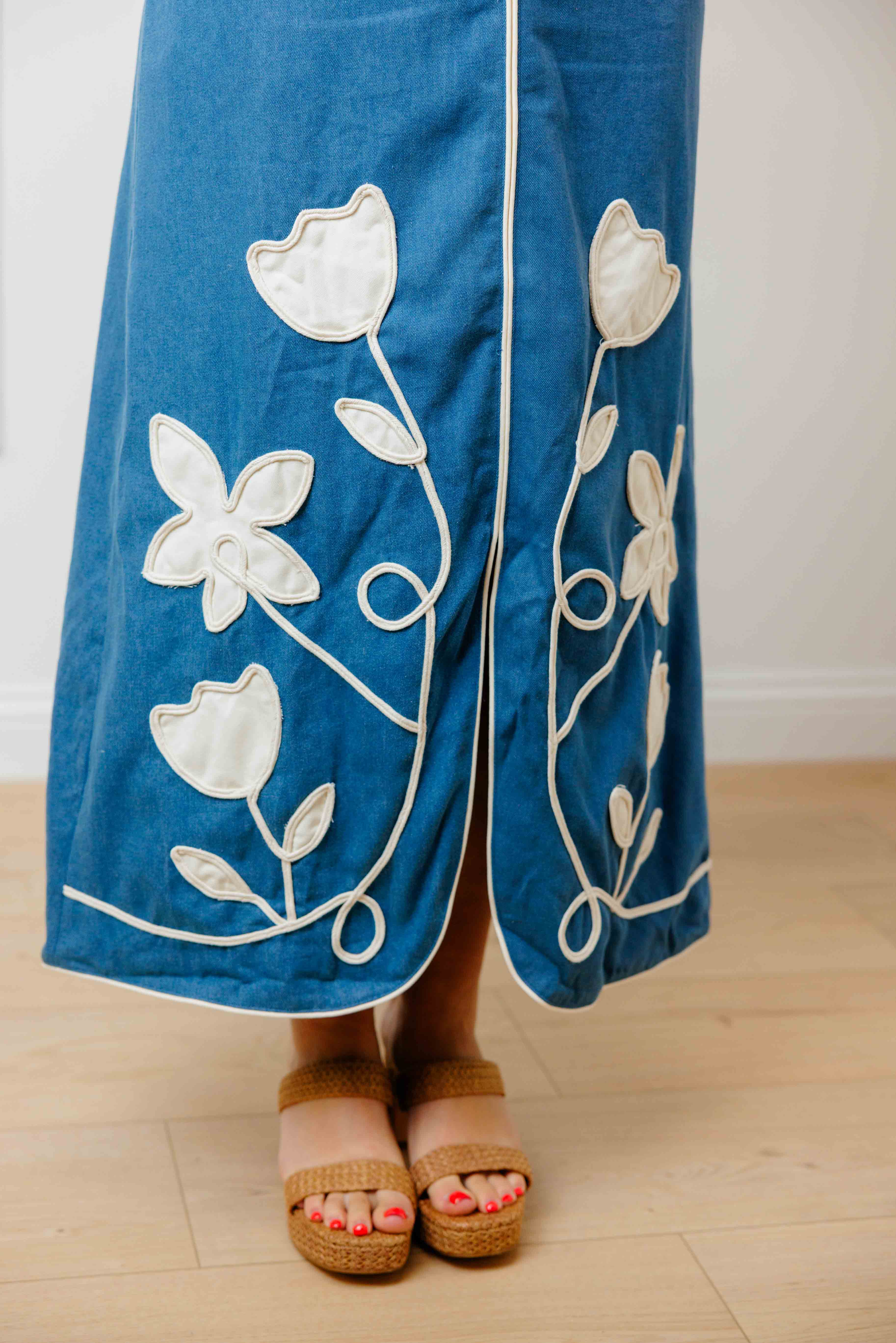 Denim Embroidered Floral Dress