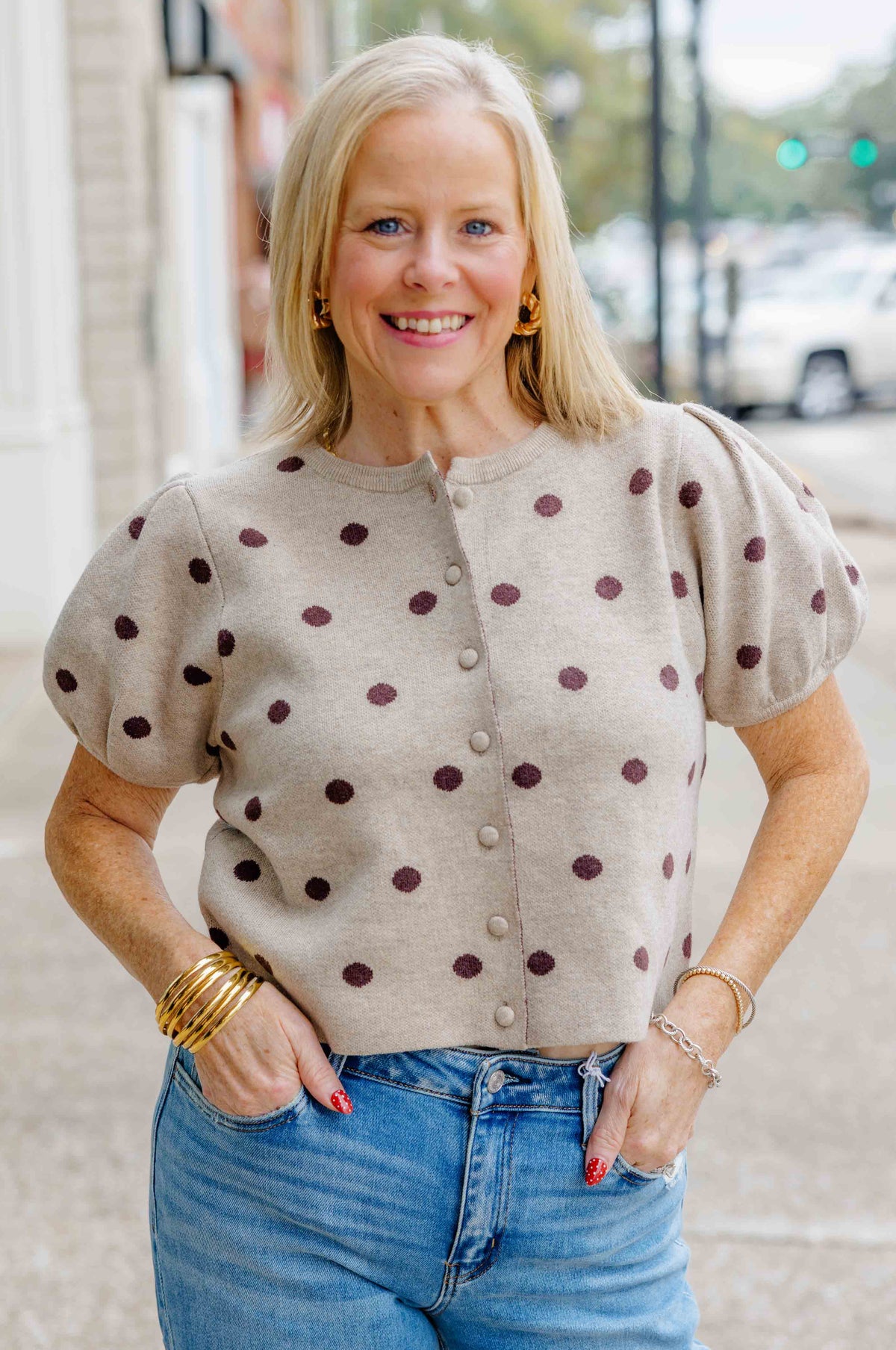 Taupe Polka Dot Puff Sweater