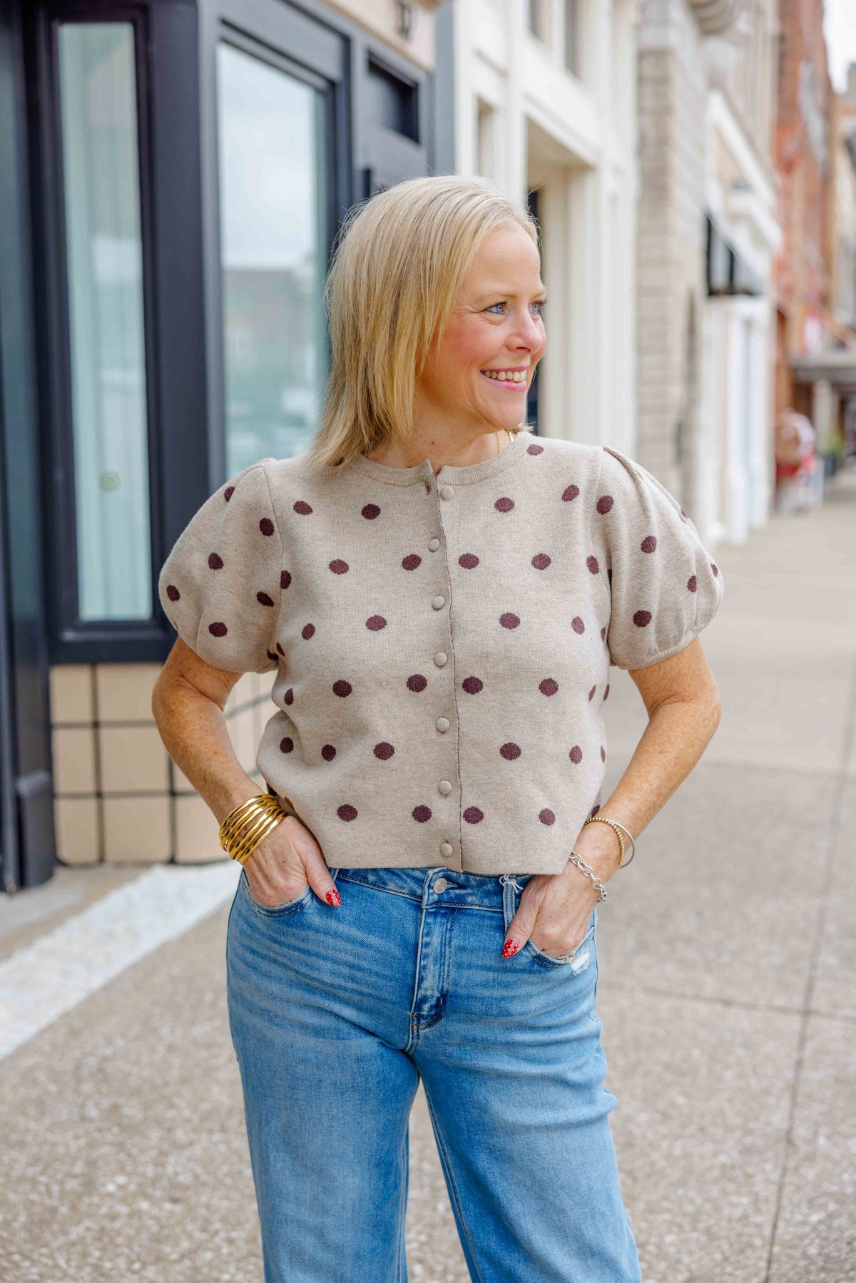 Taupe Polka Dot Puff Sweater