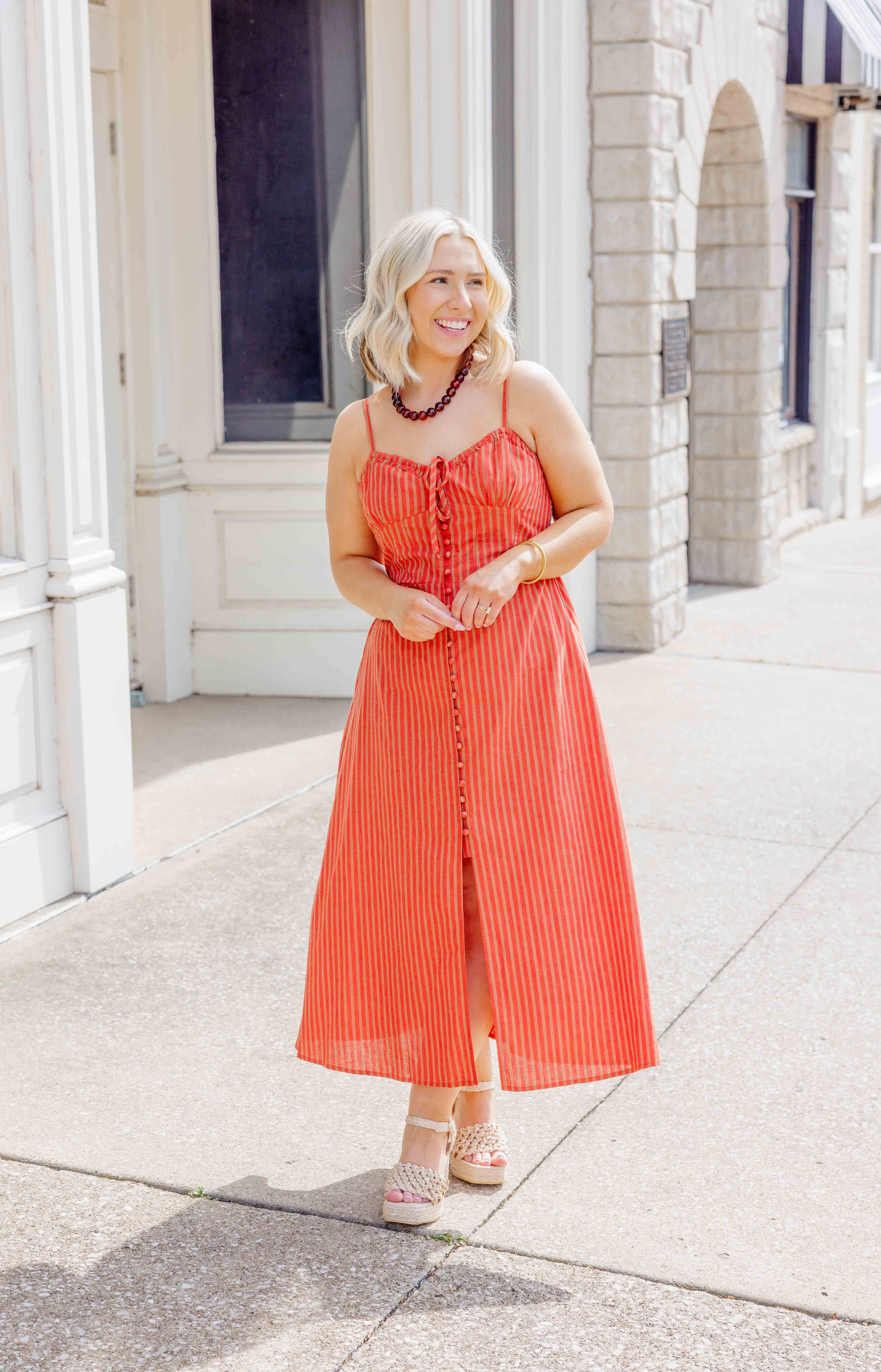 Orange Striped Linen Midi Dress