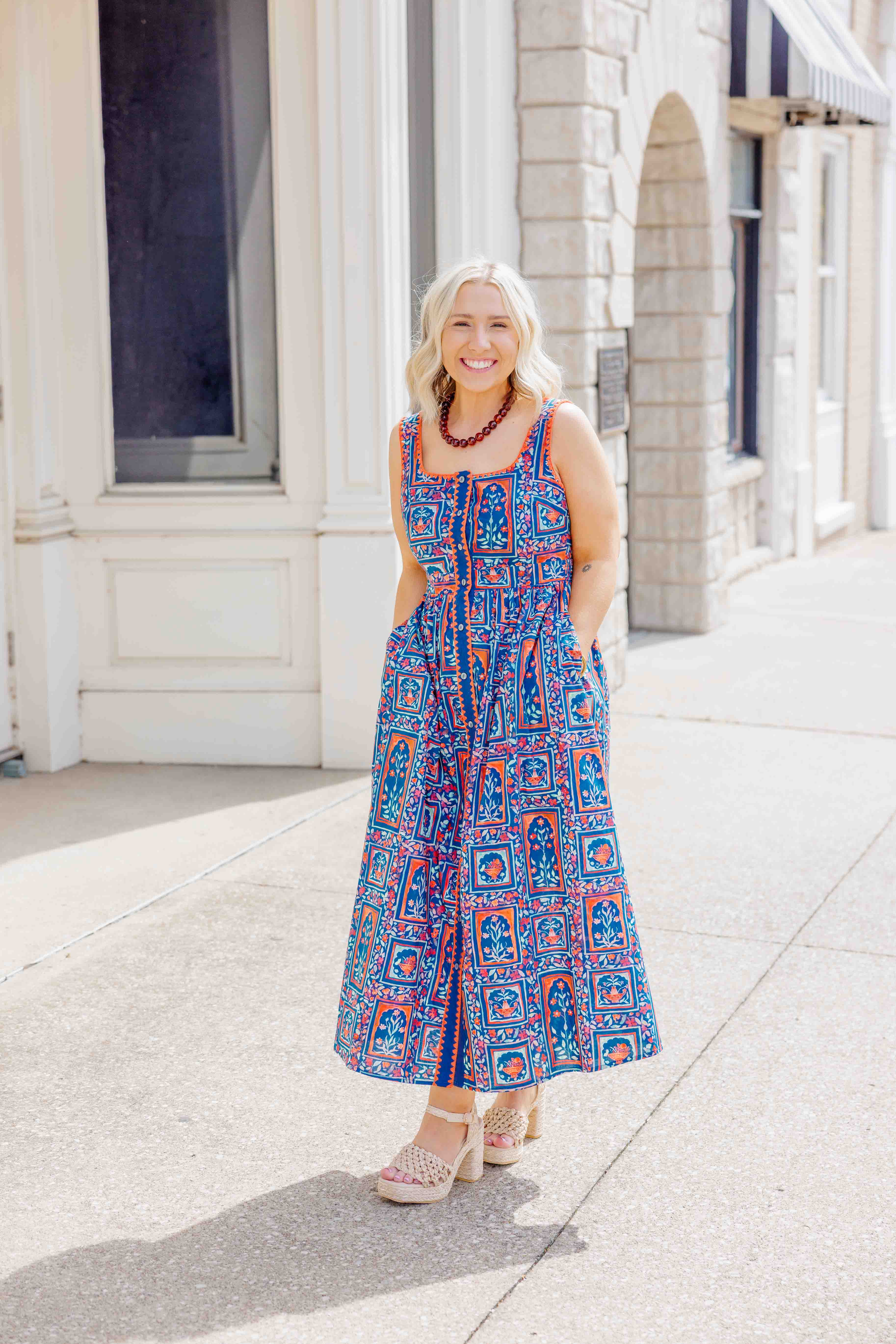 Navy Floral Button Dress