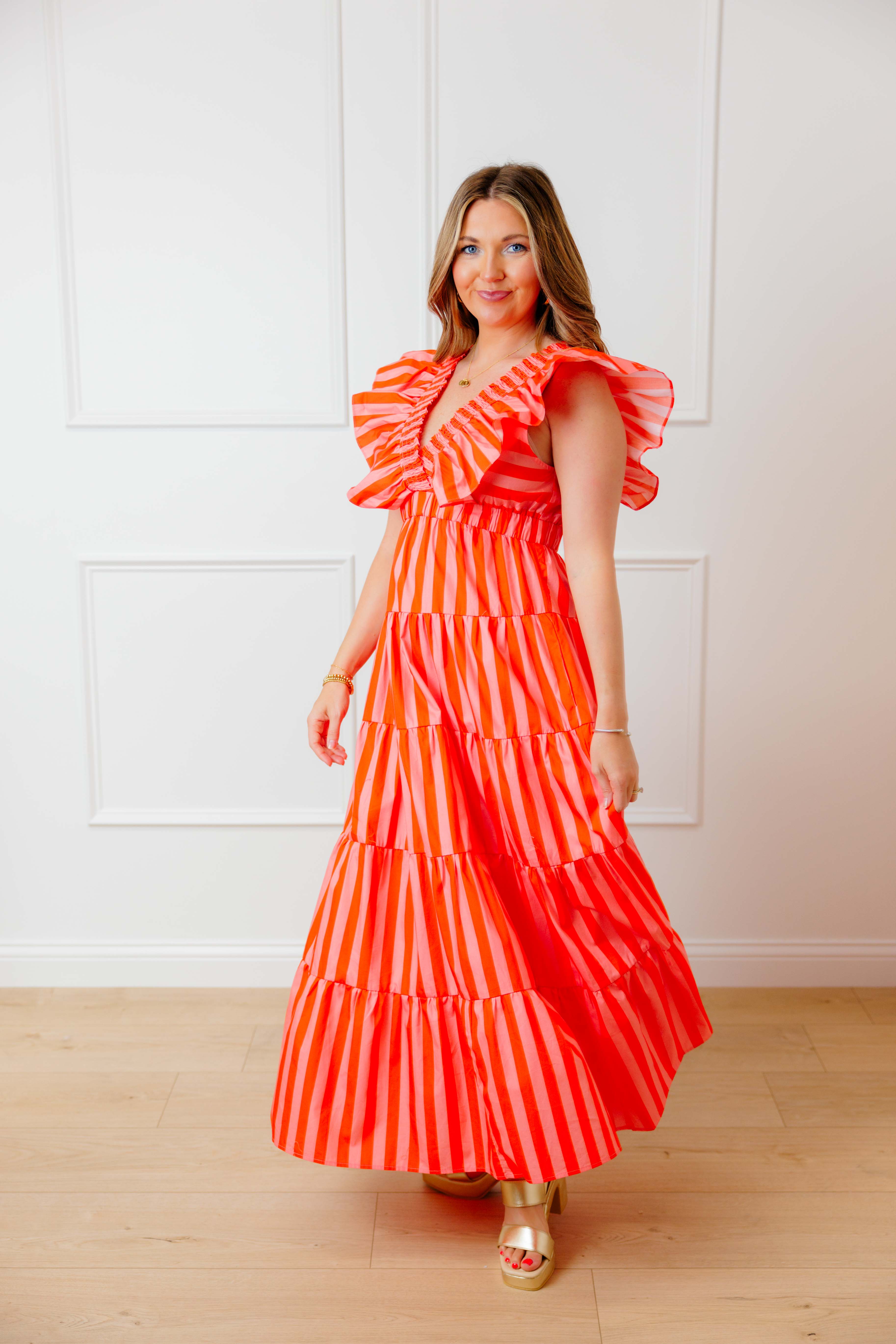 Peach Striped Midi Dress