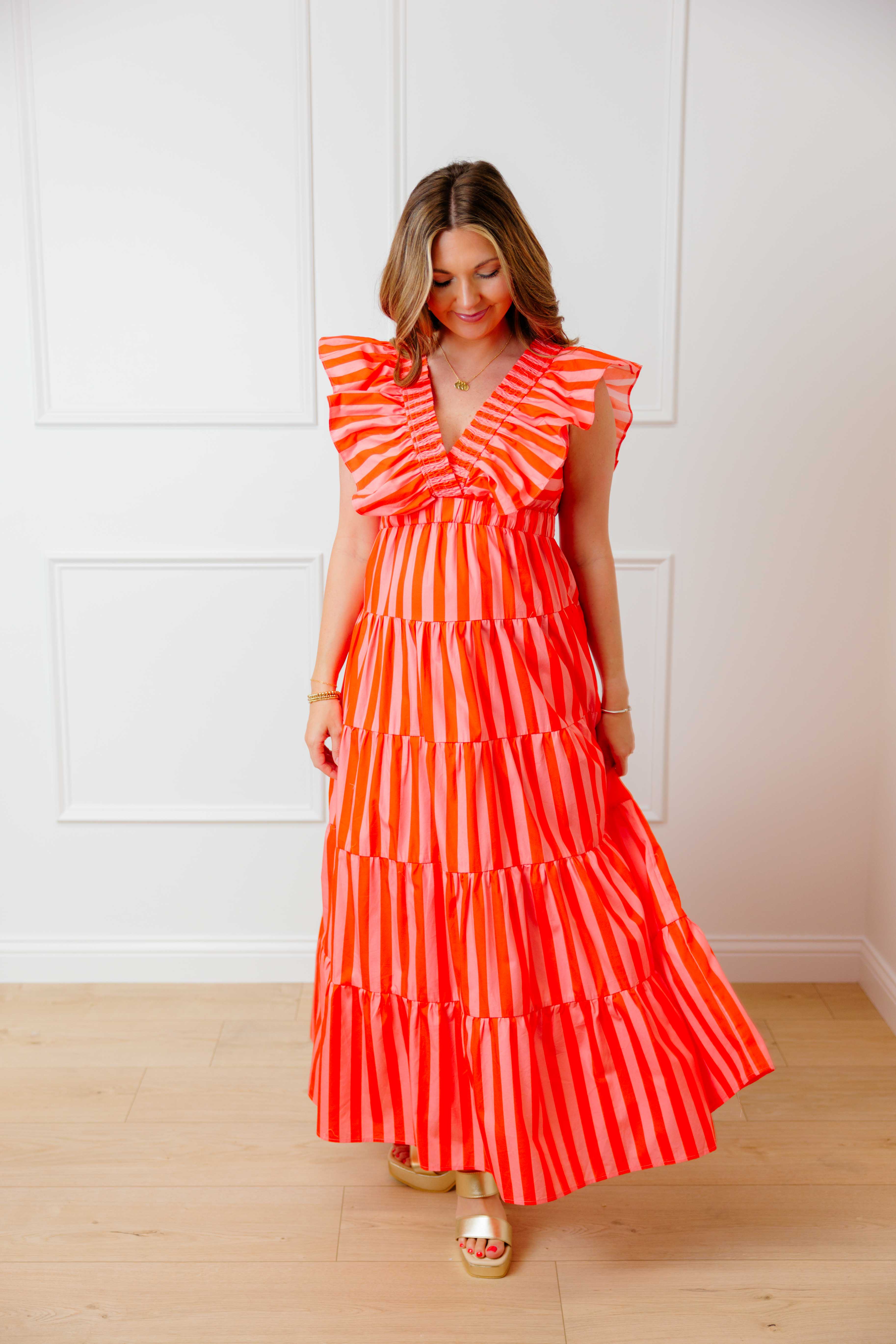 Peach Striped Midi Dress