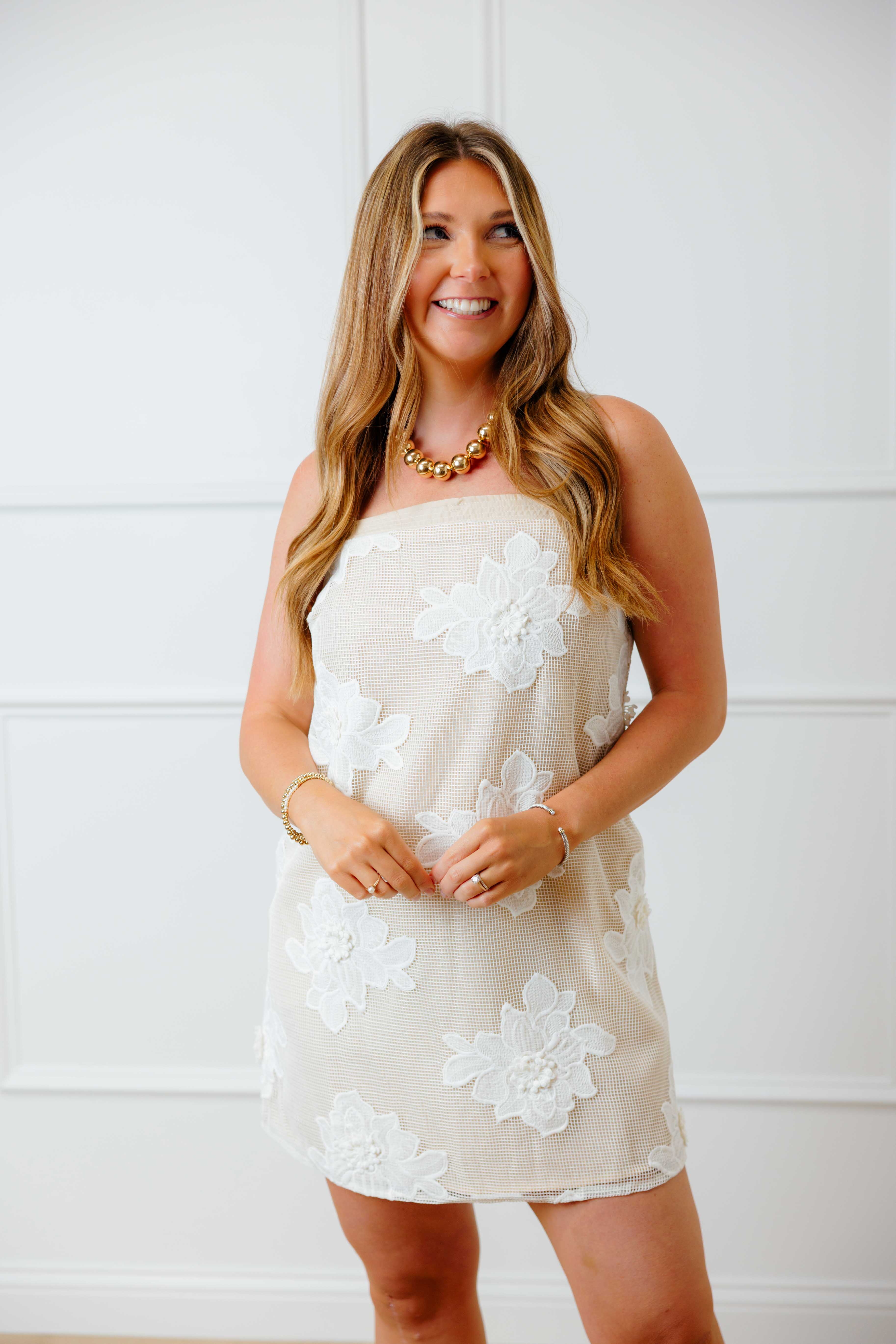 Tan Embroidered Floral Mini Dress