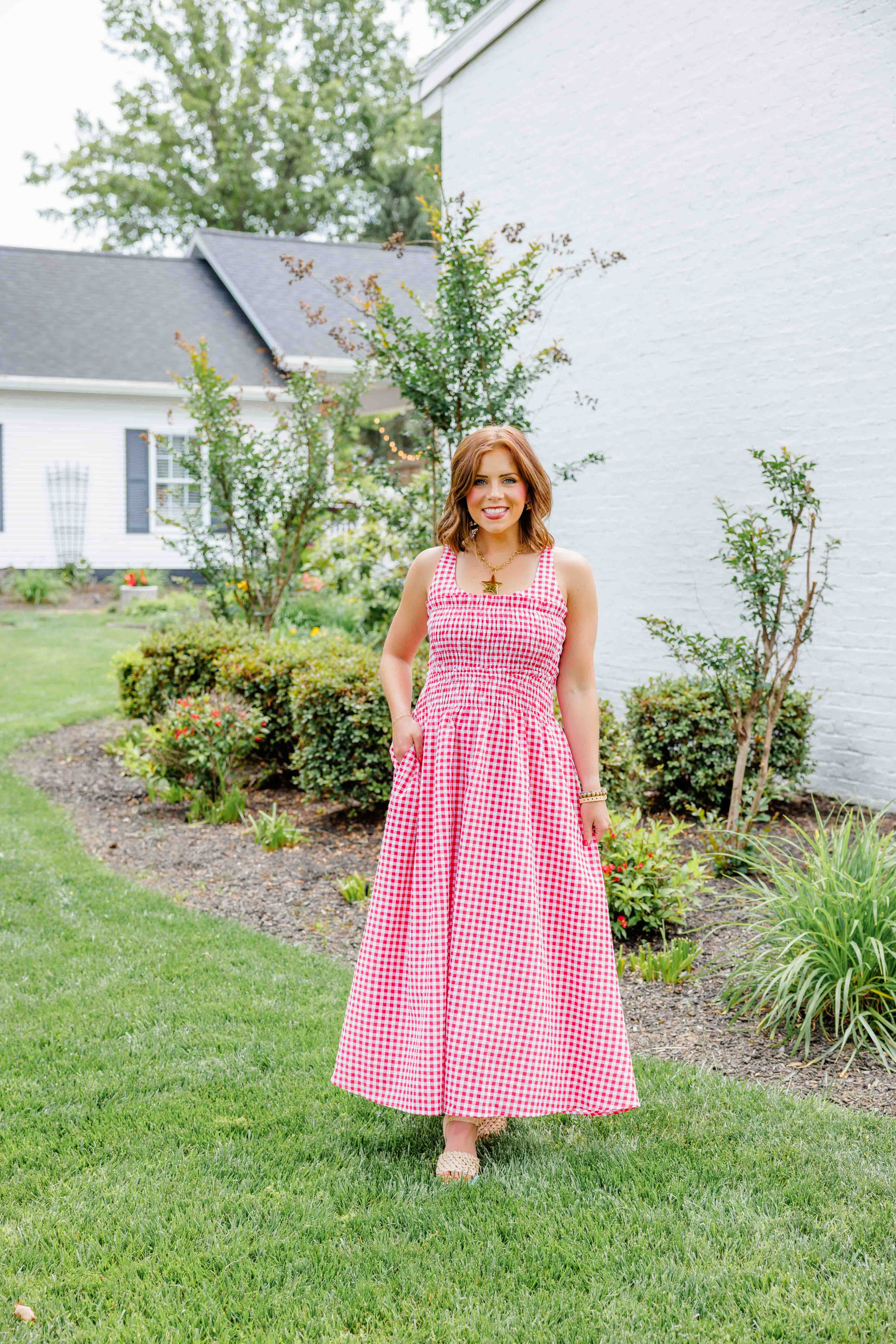 Red Gingham Smocked Midi Dress