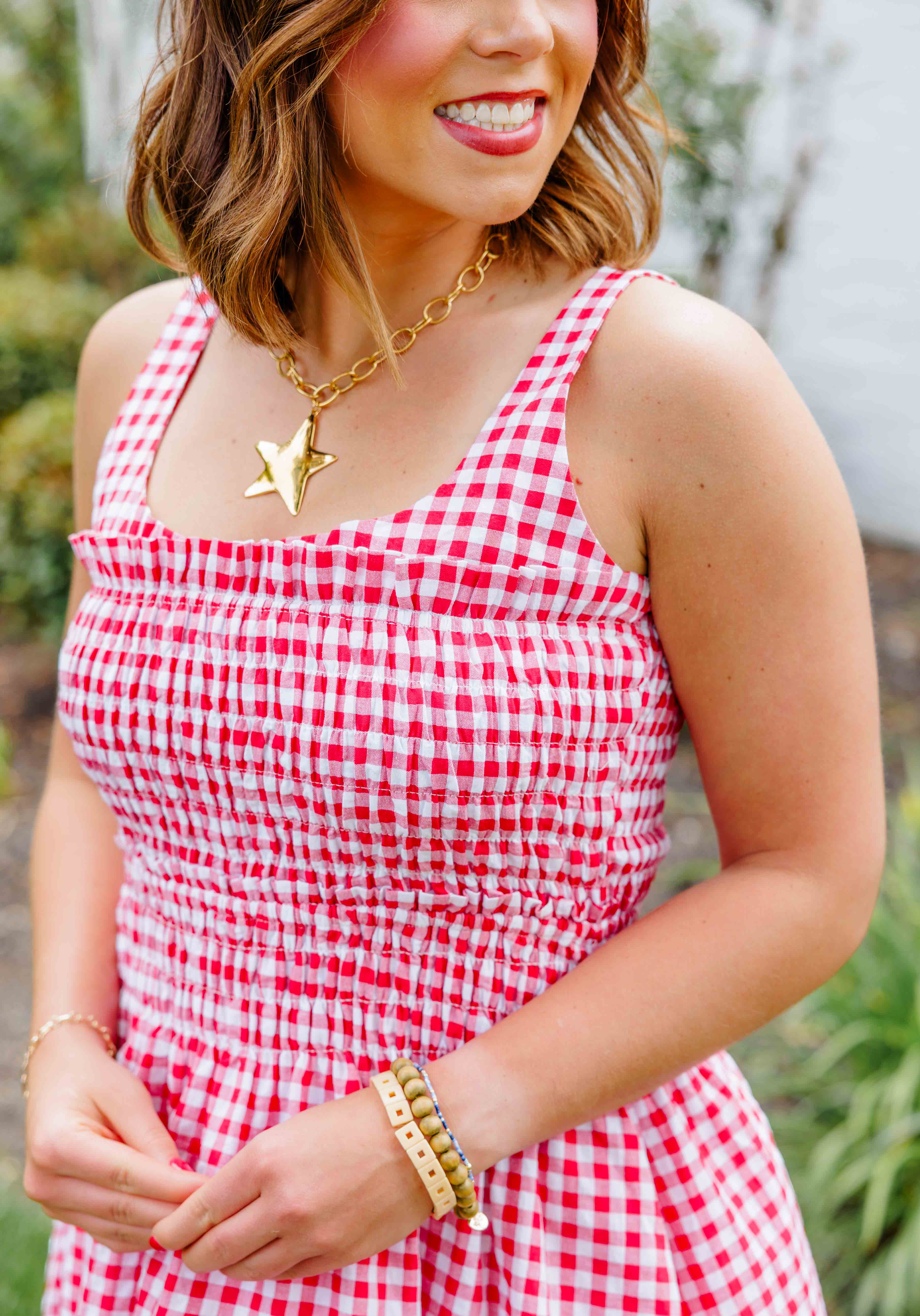 Red Gingham Smocked Midi Dress