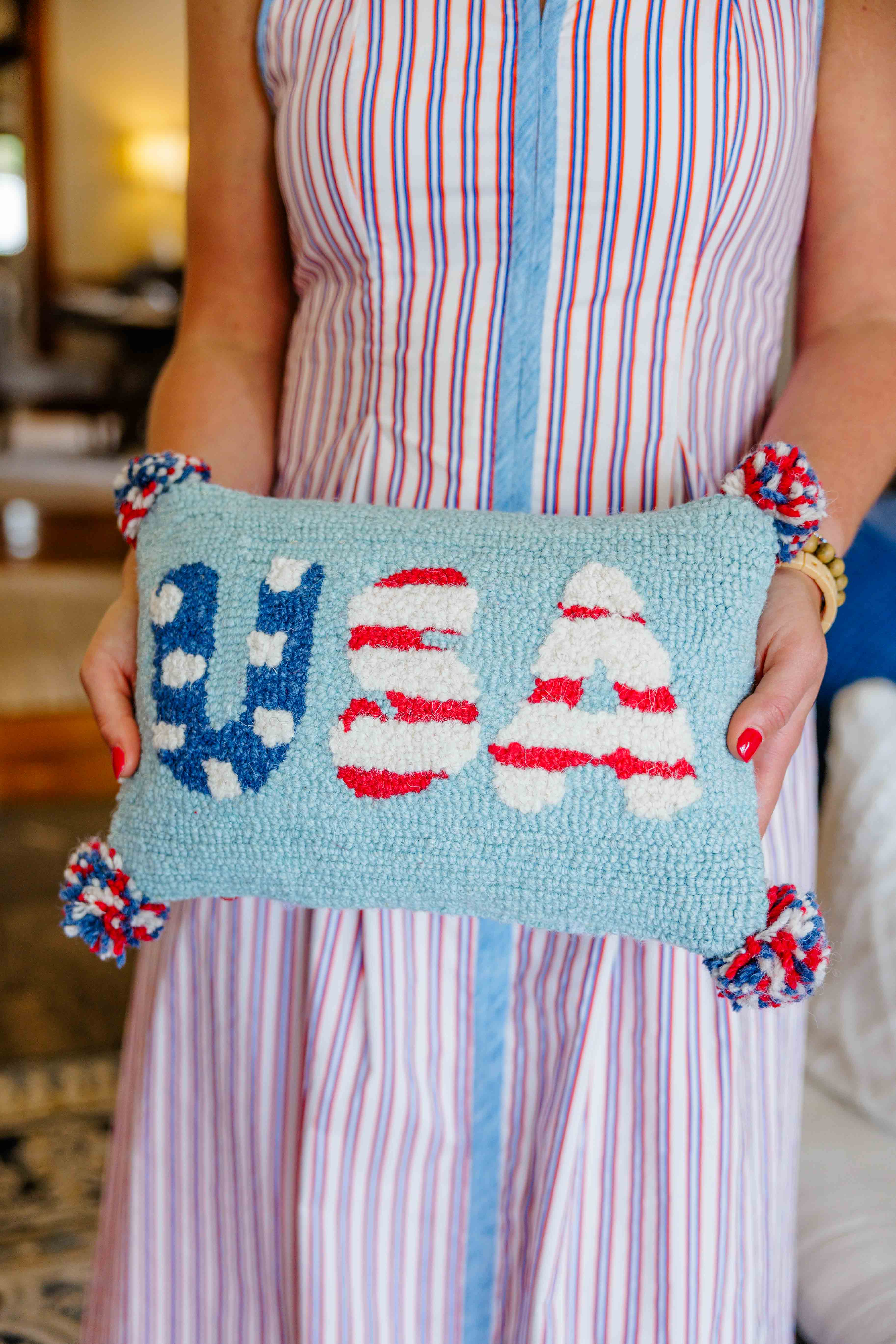 USA With Pom Poms Hook Pillow