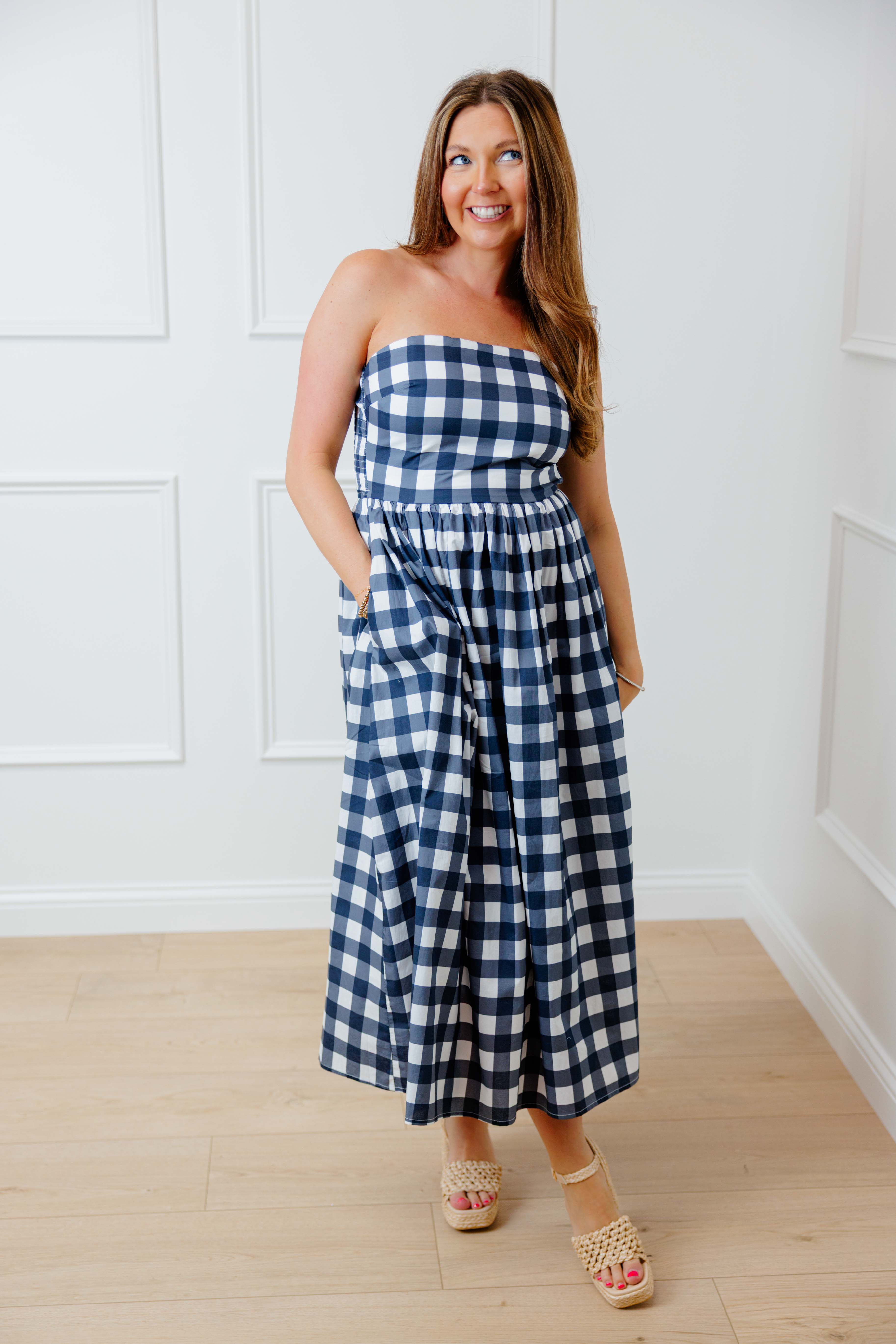 Navy Gingham Midi Dress