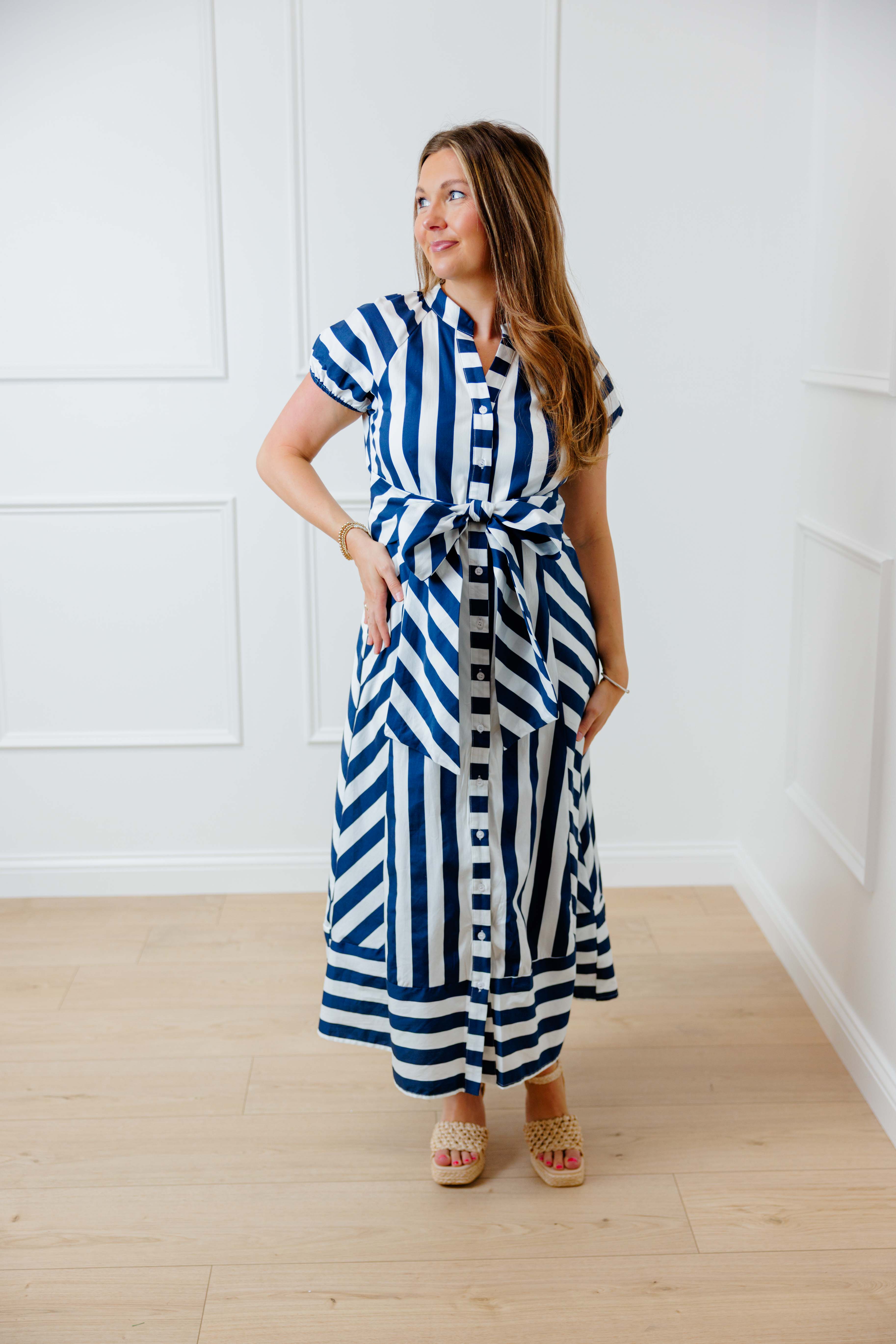 Navy Striped Midi Dress