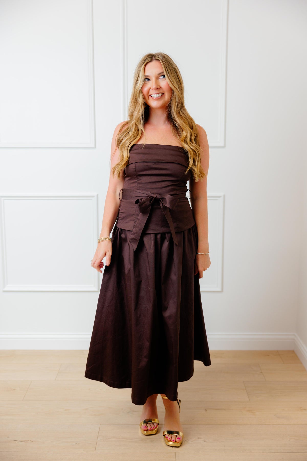 Brown Strapless Tie Midi Dress