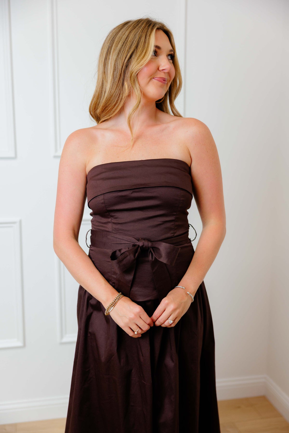 Brown Strapless Tie Midi Dress