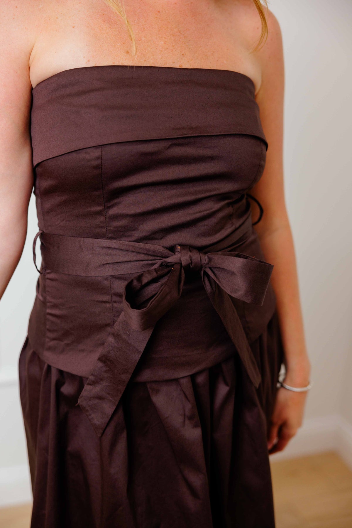 Brown Strapless Tie Midi Dress