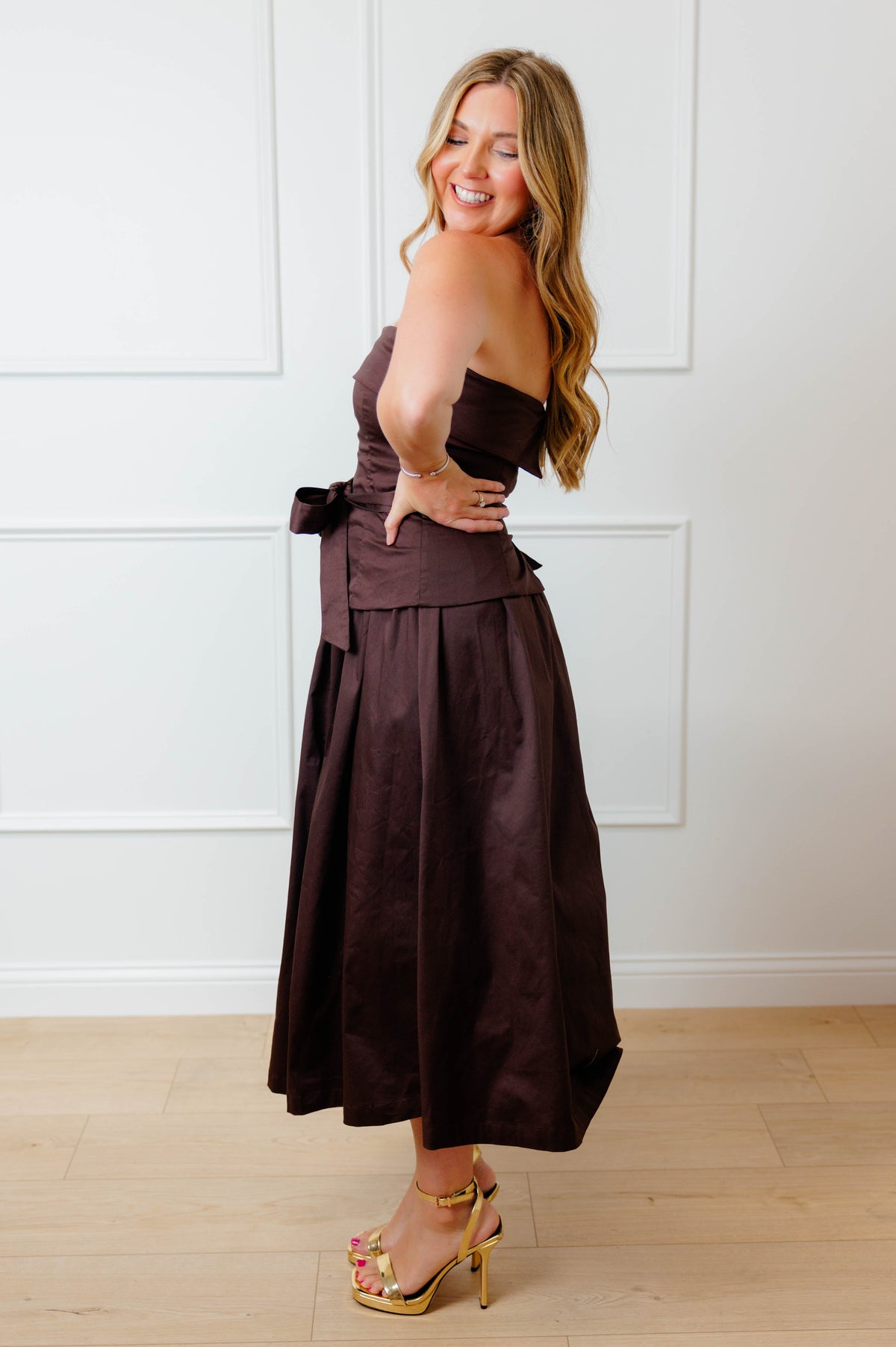 Brown Strapless Tie Midi Dress