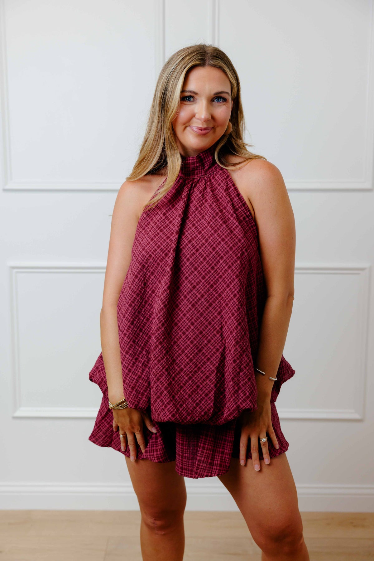 Burgundy Plaid Halter Dress