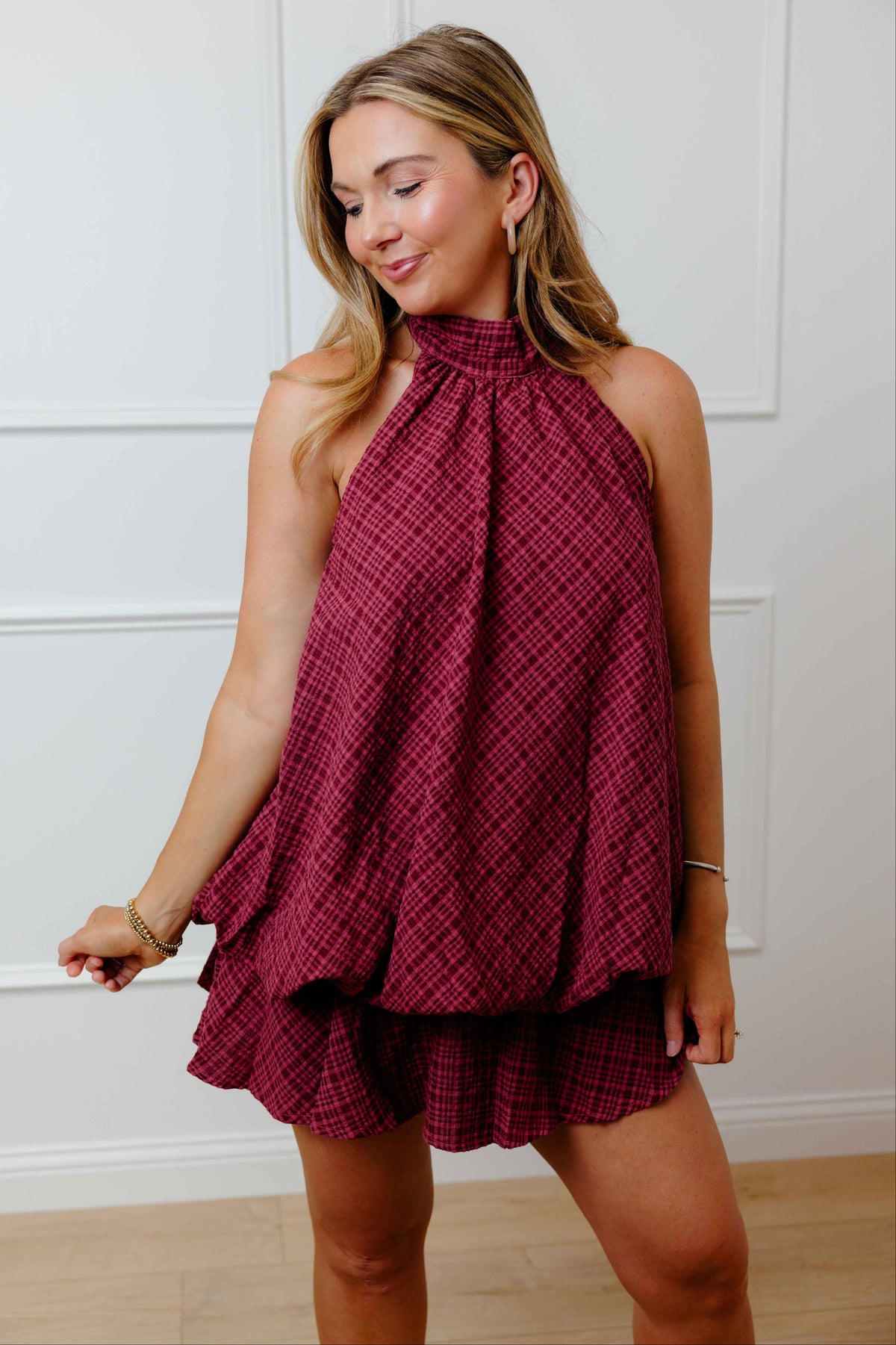 Burgundy Plaid Halter Dress