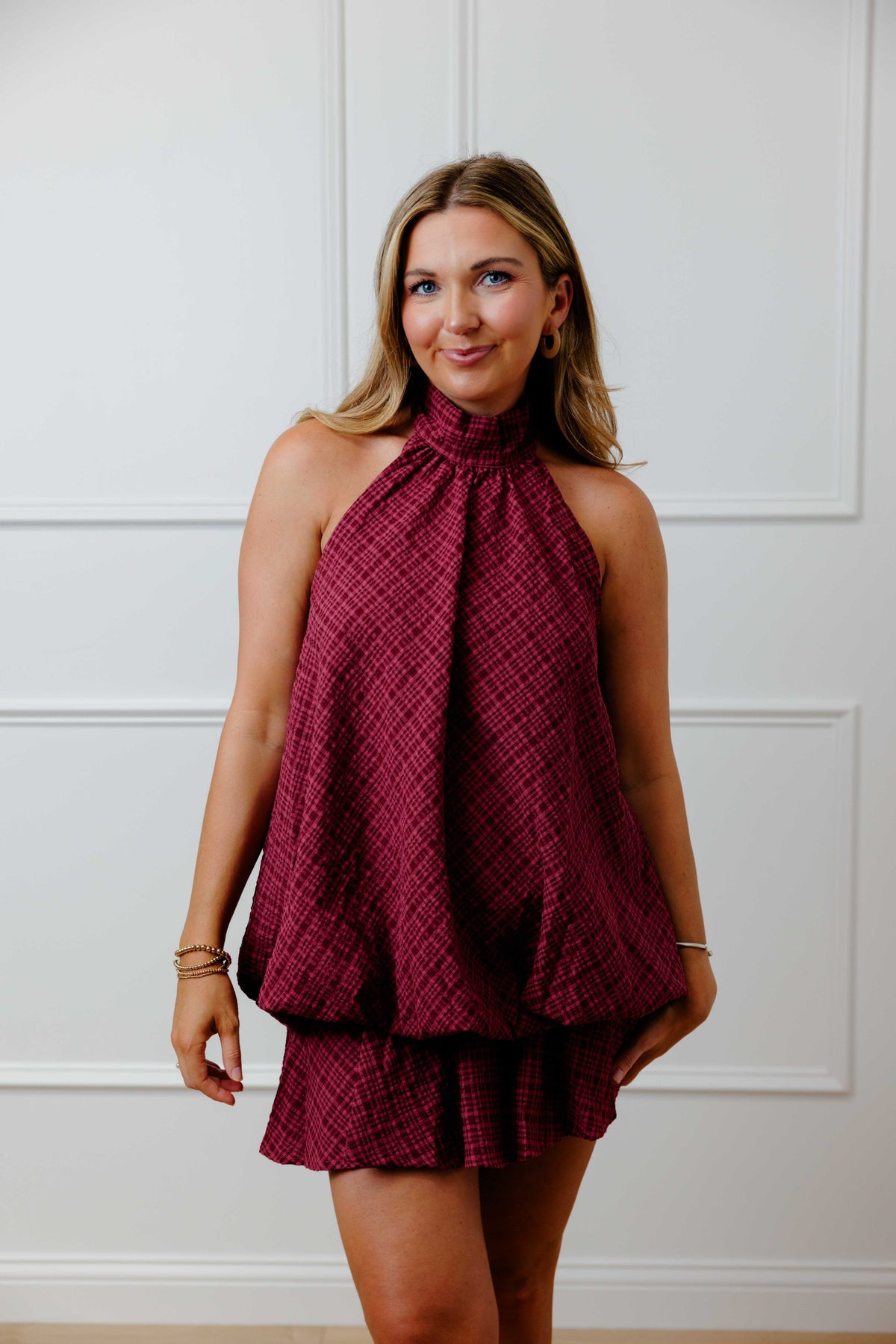 Burgundy Plaid Halter Dress