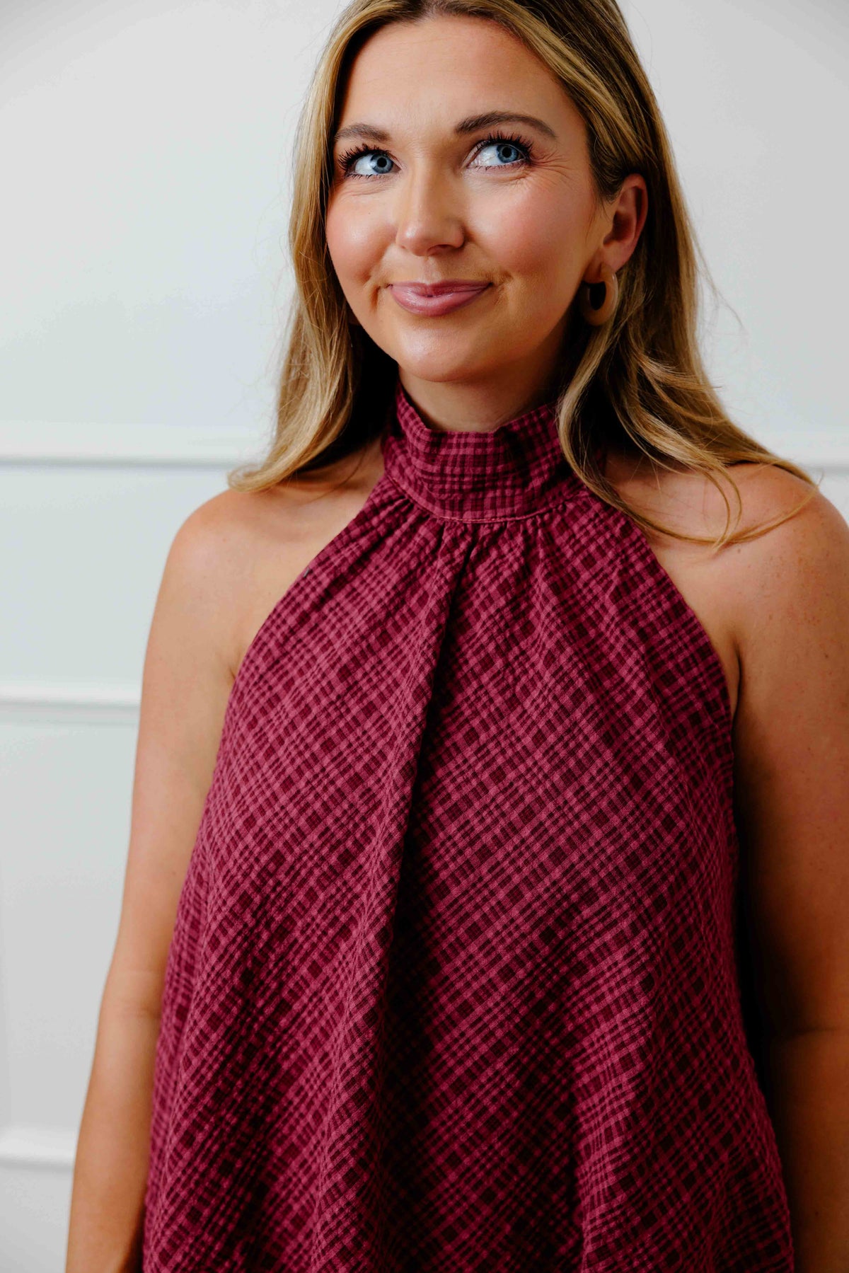 Burgundy Plaid Halter Dress
